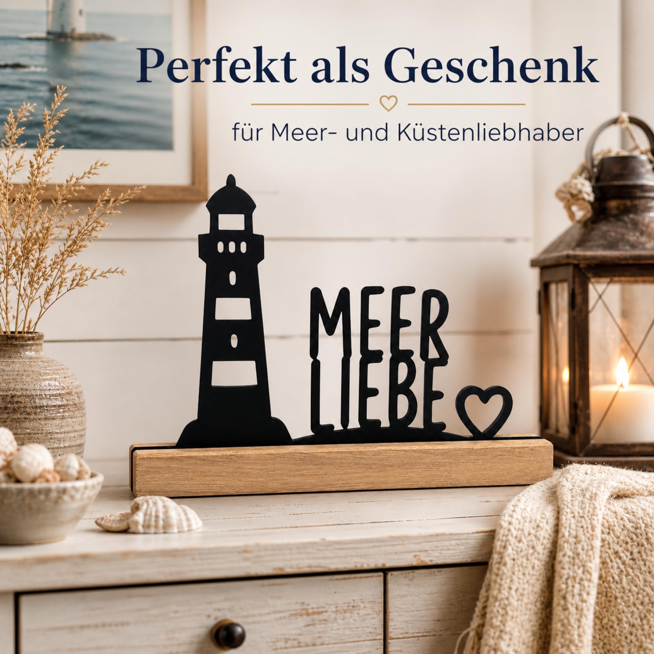 Generisch Meerliebe Aufsteller aus Eichenholz – Maritime Deko mit Leuchtturm & Herz, Holz Aufsteller 22 cm, Ostsee Deko für Fensterbank, Regal, Kommode & Geschenk für Küstenliebhaber