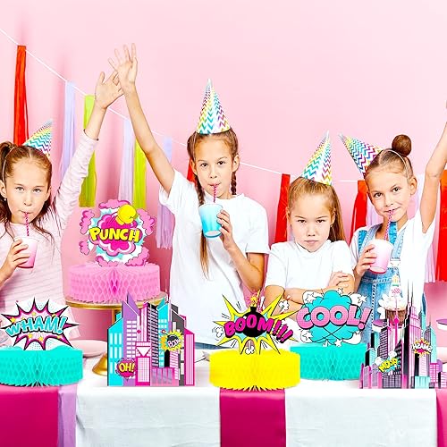 Miniatura 5 de 8 piezas de suministros de fiesta de héroe de nido de abeja de héroe, letrero de acción rosa para centro de mesa, recortes de cartón de papel para