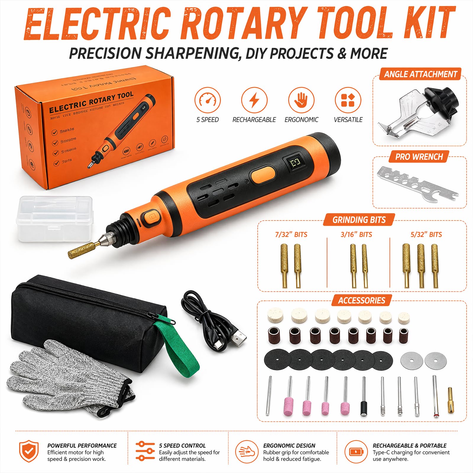 STKR Sharpene - Kit per affilare motosega elettrica con 7 punte diamantate rivestite in titanio, chiave inglese ed eBook, borsa per la conservazione e guanti di sicurezza, ottima idea regalo