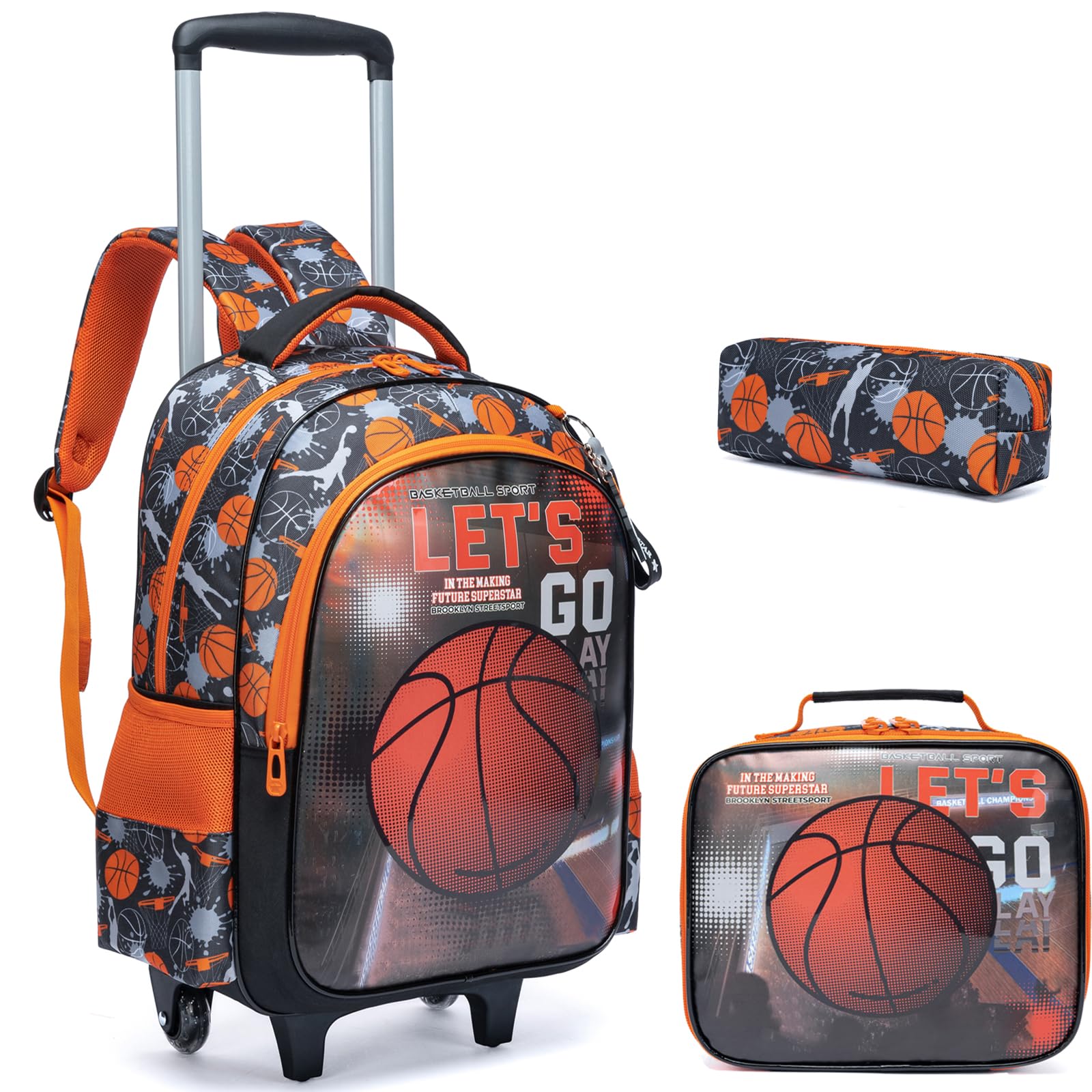 Mochilas Escolares con Ruedas Carro Niño 17" 3PCS Mochila Carrito para Trolley Escolar Bolso de Viaje Estuche Stitch Chicos Maleta Colegio Grande Medianas Infantil Niños Baloncesto Rojo