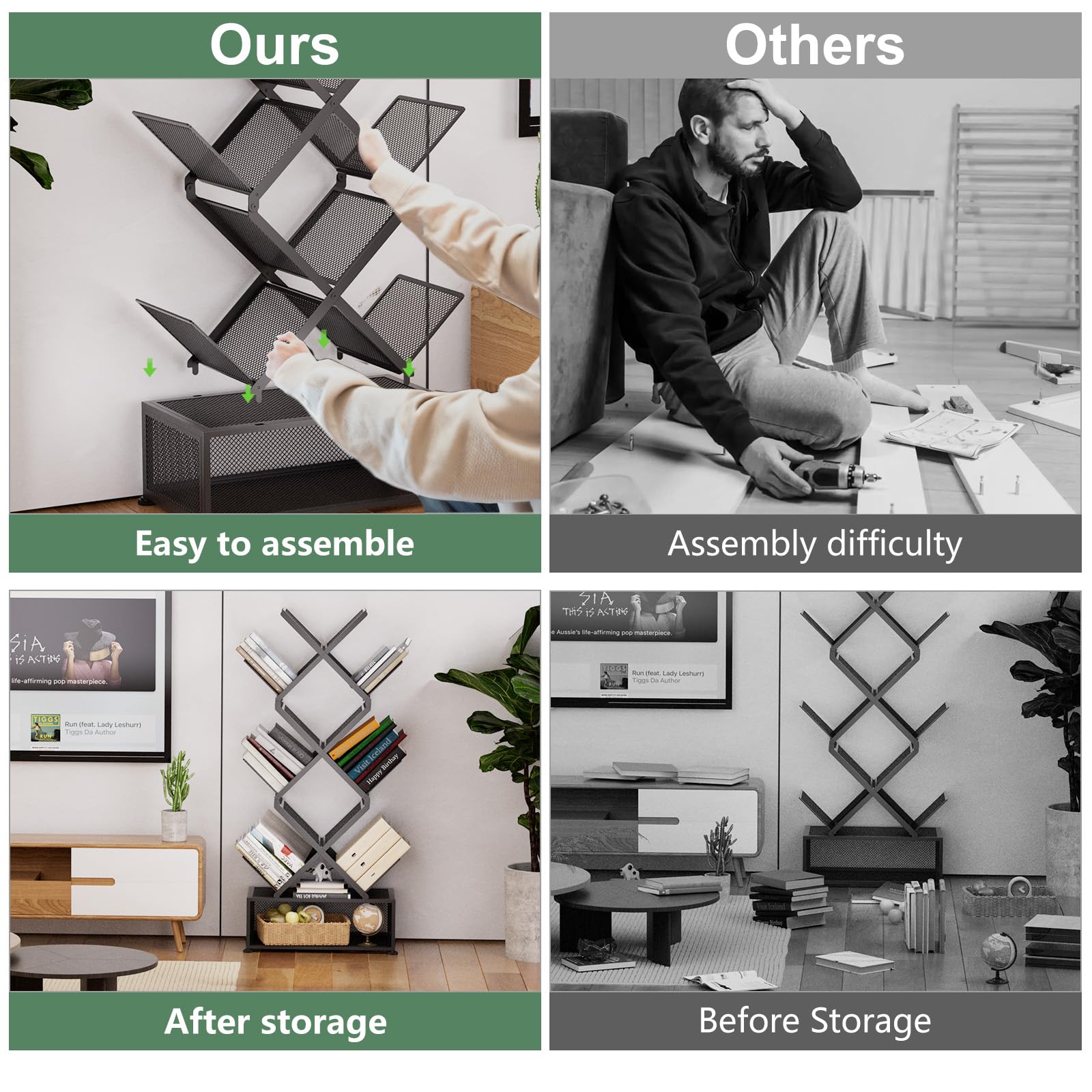 Estantería de 9 niveles que ahorra espacio con almacenamiento, estantes para dormitorio, estanterías plegables, no requiere instalación, estantería de metal para sala de estar, estudio, oficina 4