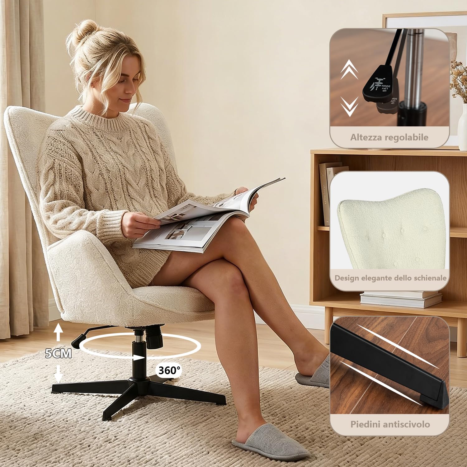 MEUBLE COSY Poltrona Imbottita Girevole Regolabile in Altezza, Sedia da Salotto Funzione di Inclinazione Libera, Poltroncina Relax con Schienale Alto in Tessuto Chenille, Beige