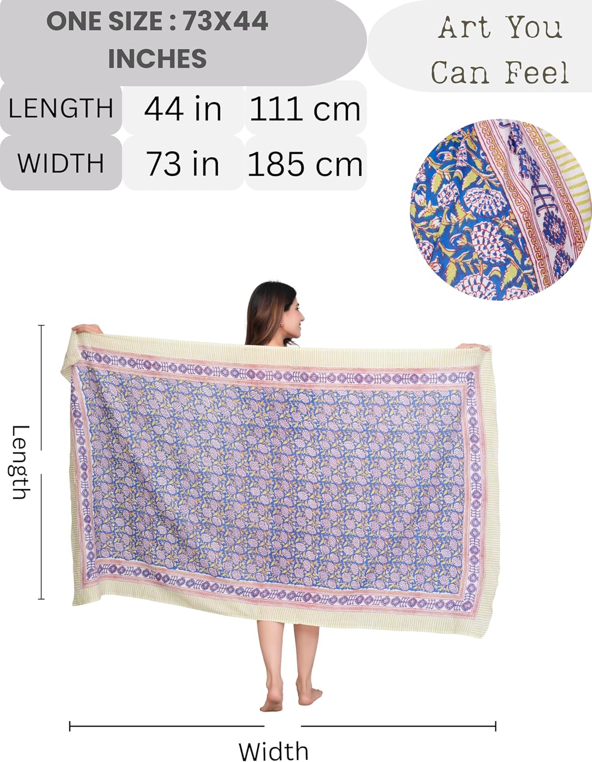 Hand Block Printed Cotton Sarong Wraps for Women – Lightweight Beach Swimsuit Cover Up, One Size Pareo 73 x 44 In - Image 5