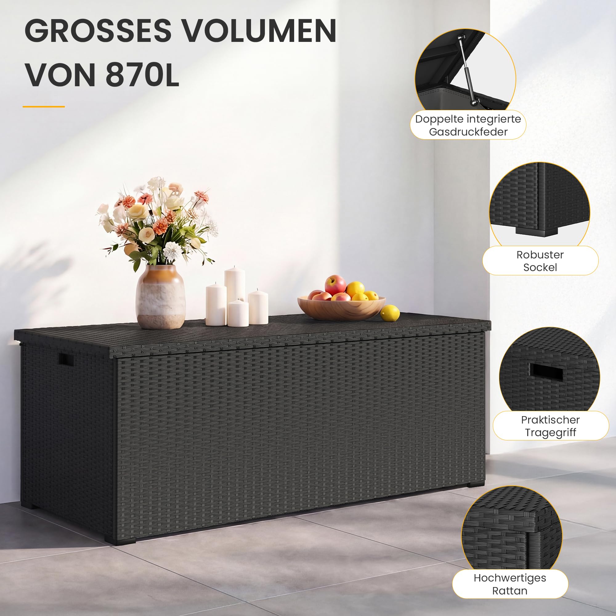 UDPATIO Gartenbox Wasserdicht 870L, Aufbewahrungsbox Garten XXXL, Auflagenbox Wetterfest, Kissenbox Outdoor mit Deckel, Gasdruckfedern | Schwarz
