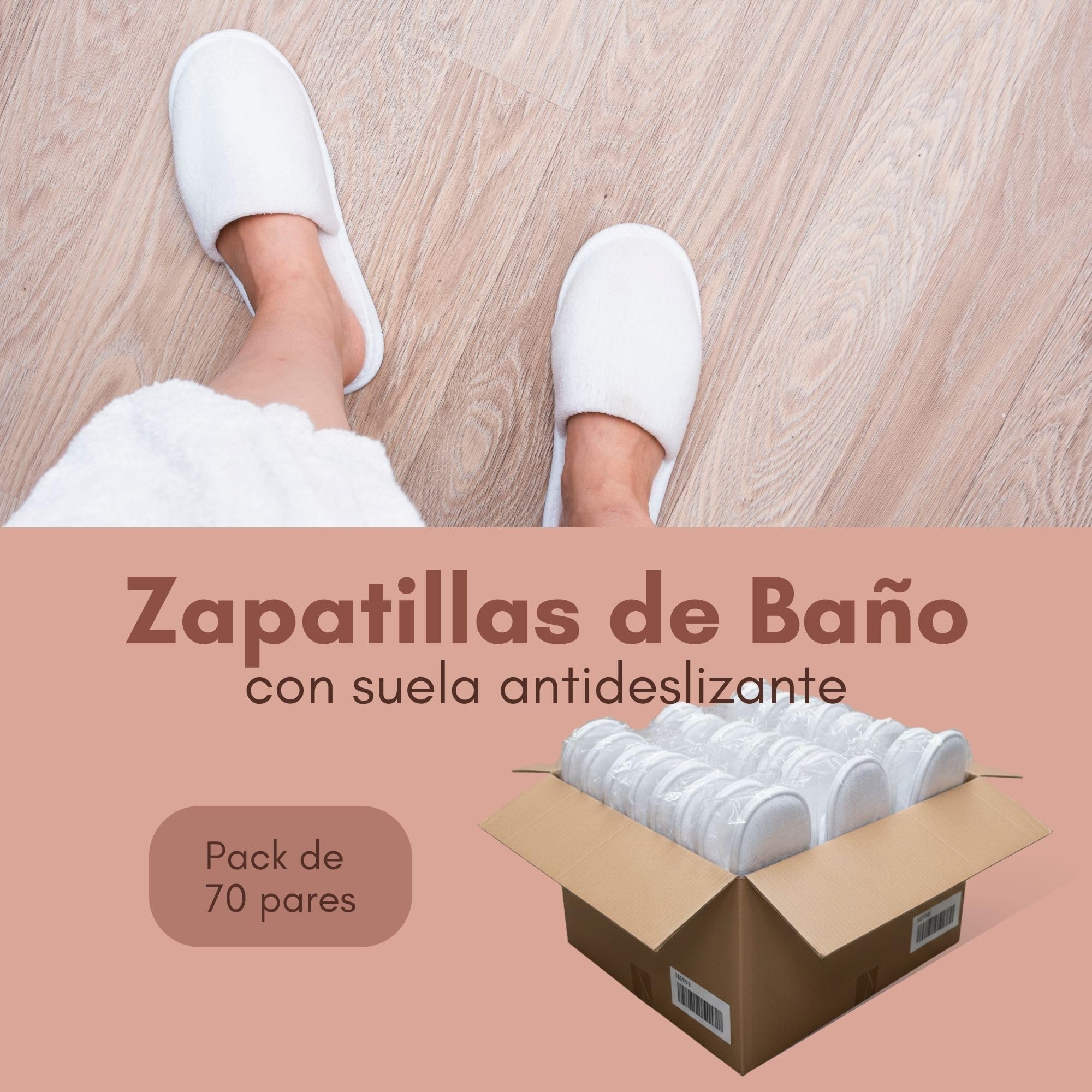 Pack 70 pares zapatillas de baño blancas con suela antideslizante - tejido algodón y poliéster - par embolsado higiénico - para hotel, spa, hostelería y alojamientos