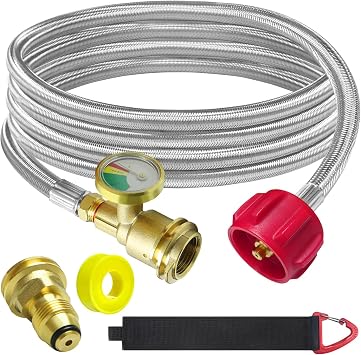 MEFUN Upgraded 12 FT Propane Tank Extension Hose Braided with Gauge,Include Tank Adapter Converts POL 100 lb LP Tank to QCC1 for Gas Grill, Stove and More Propane Appliances