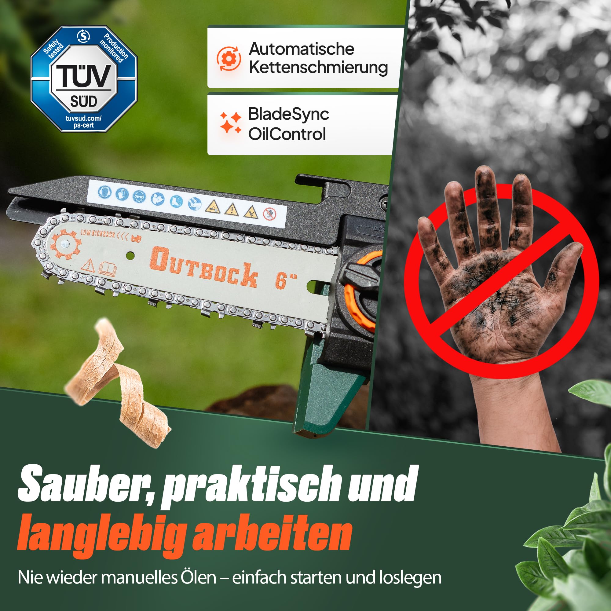 Mini Kettensäge Akku mit 2x 2.0 Ah Akkus | TÜV-Zertifizierte Einhand Kettensäge | Handkettensäge inkl. Schnelllader & Koffer | Automatische Kettenschmierung | Akku Astsäge für Gartenarbeit
