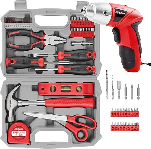 Hi-Spec Paquete de 27 destornilladores eléctricos inalámbricos de 4.8 V con 42 piezas de kit de herramientas de bricolaje para el hogar rojo