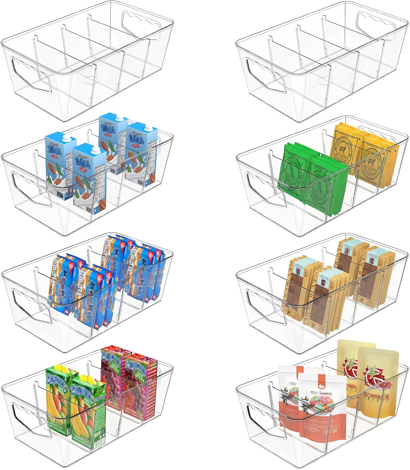 SPACEKEEPER Pantry Organization and Storage Bins 8 Pack Clear Storage Organizer Bins with Removable Dividers, Refrigerator Containers Multi-Use for Kitchen, Cabinet, Countertops