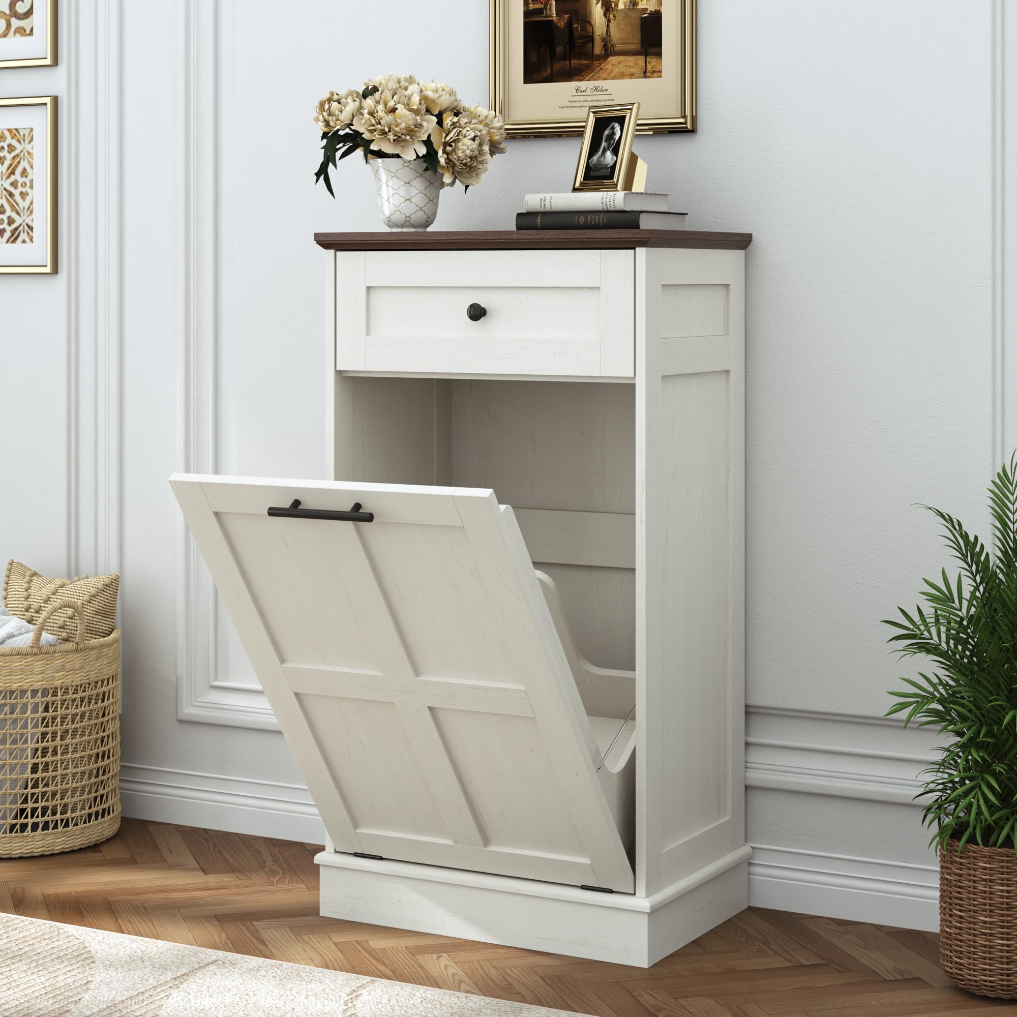 Farmhouse Tilt-Out Trash Can Cabinet, 10 Gallon Laundry Hamper with Drawers, Wooden Hidden Garbage Can Cabinet w/Storage for Kitchen & Living Room, Antique White