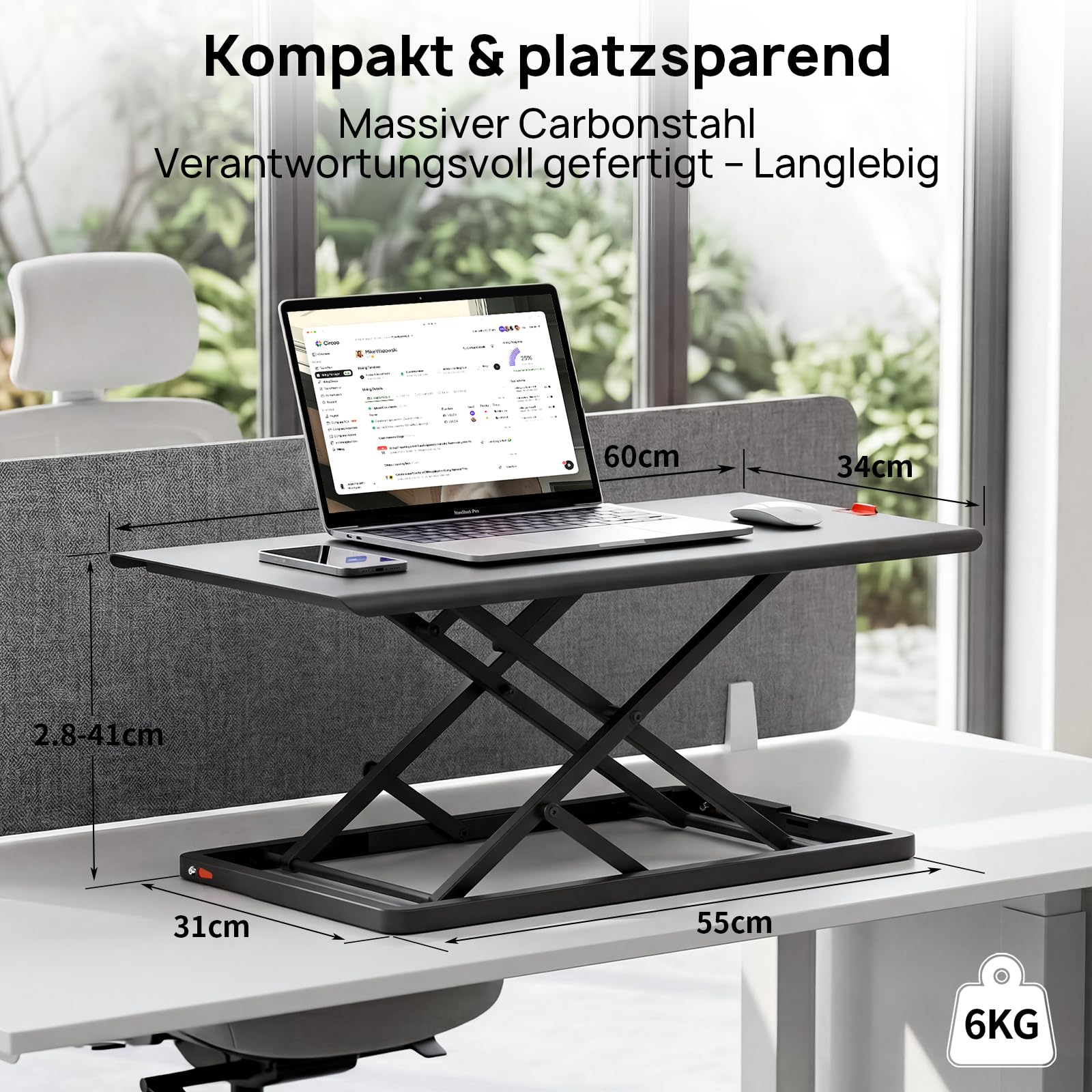 Höhenverstellbarer Schreibtisch-Konverter, Ultraflacher Sitz-Steh-Arbeitsplatz, Leicht Verstellbarer Laptop-Riser, Verschleißfeste Metalltischplatte– Schwarz