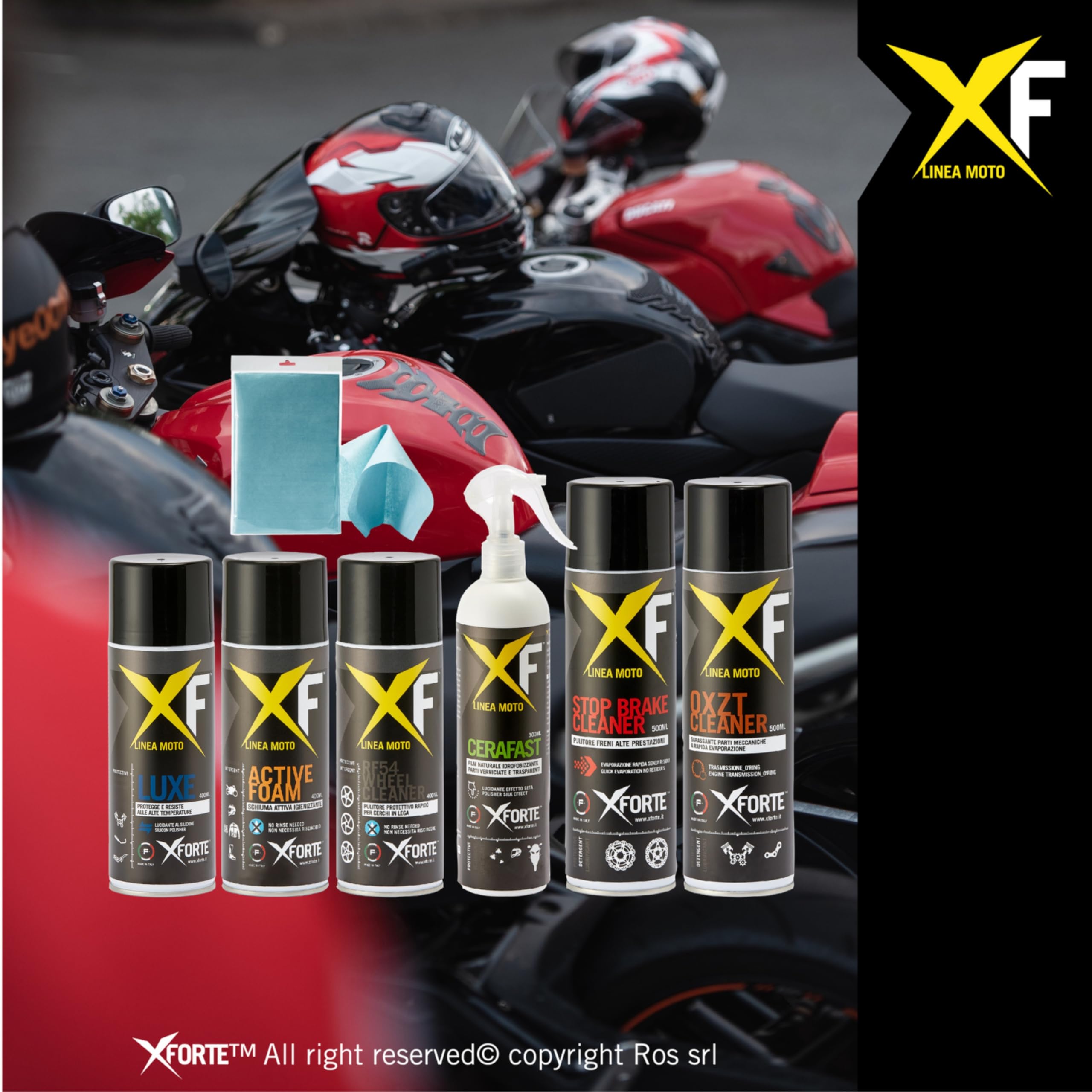 Kit Pulizia Moto Completo XFORTE – Pulizia Senza Acqua con Detergenti Professionali e 9 Panni F-CLEAN EVO Tecnico Inclusi, Ideale per Catena, Freni, Cerchi e Superfici Brillanti