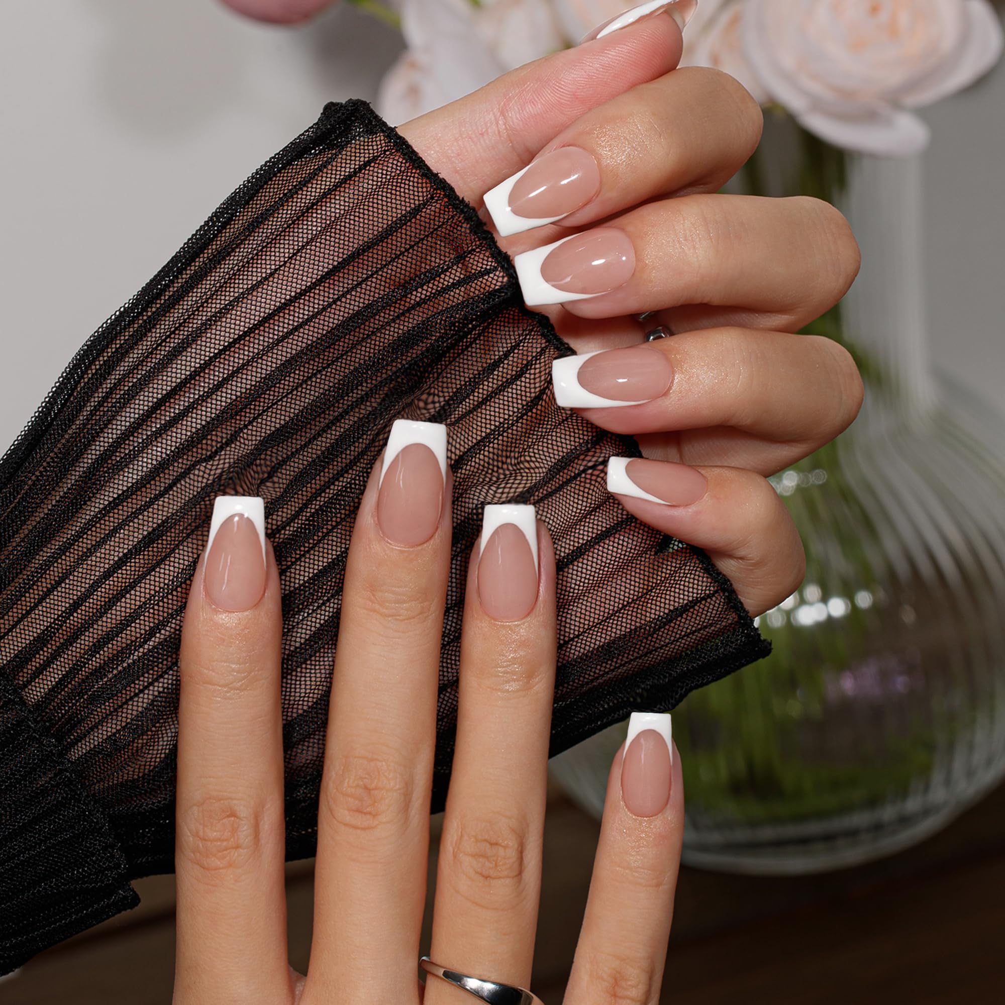 Photo 1 of KQueenest White French Tip Press On Nails Medium, 30 Pcs Coffin Press On Nails with Glue, Glossy Soft Gel Fake Nails Press ons Short Ballerina, Reusable Natural Nude Glue on Nails for Women Weddings