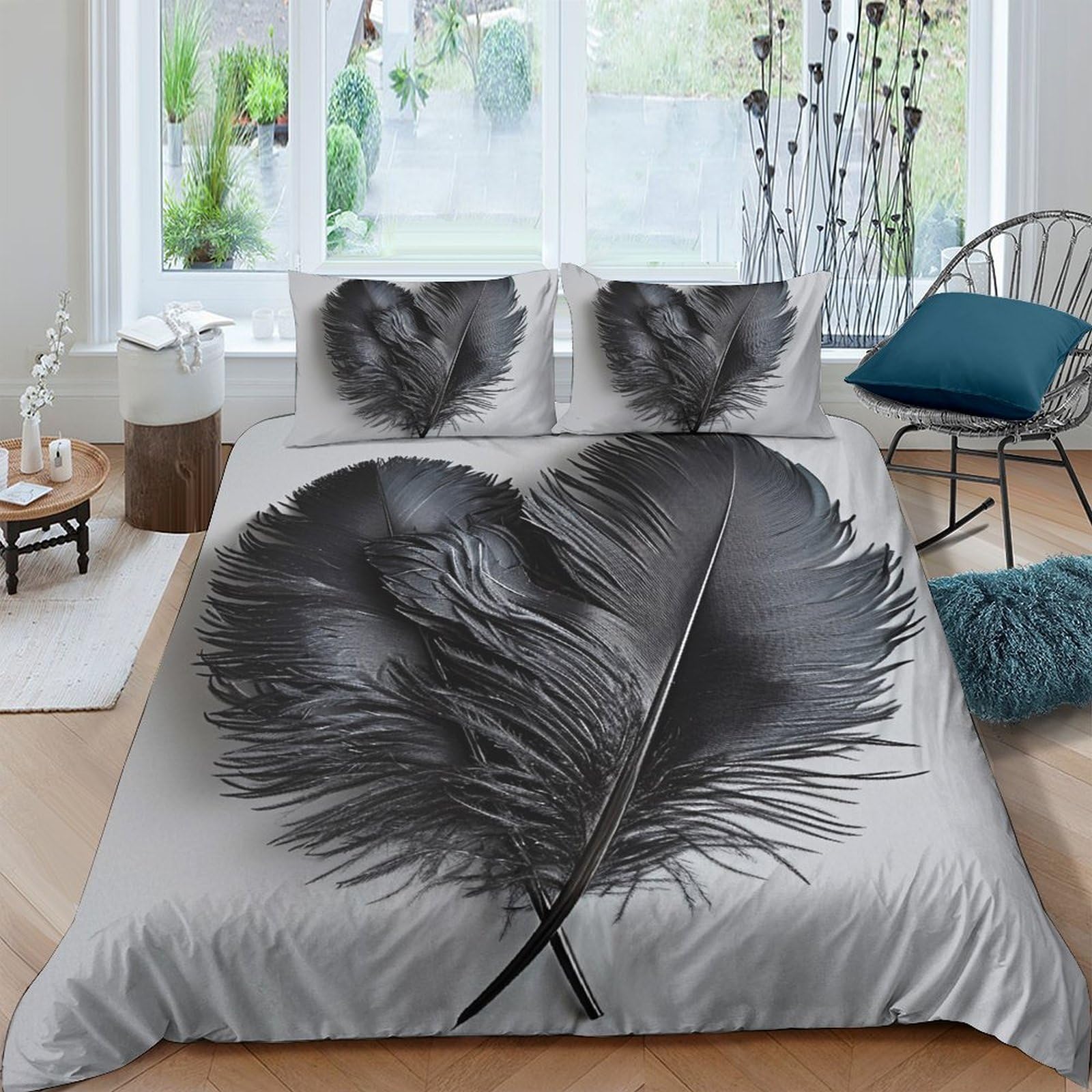 TUFRTGYHN 3D Printed Black Feather Heart Duvet Cover Microfiber Soft Bedding Set with 2 Pillowcases for Bedroom Decor Single（135x200cm）