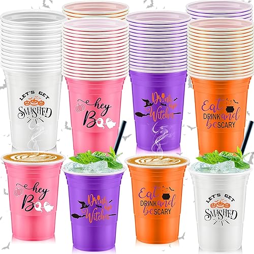 Remerry 100 vasos desechables de Halloween, vasos de plástico de Halloween de 16 onzas, juego de tazas de Halloween de 4 colores de estilo para