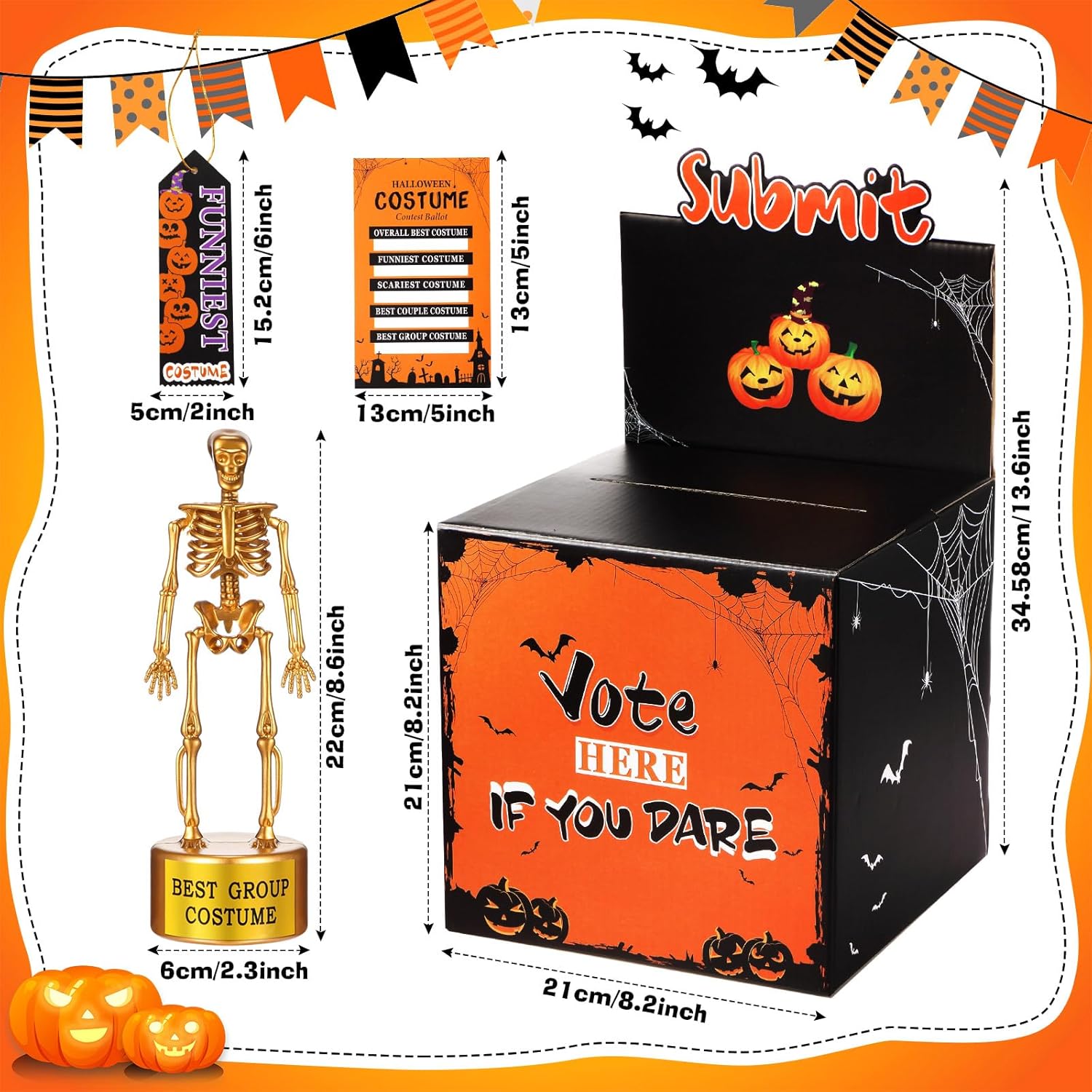 Sratte 56 Pcs Halloween Party Supplies Include Halloween Contest Ballot Box, 5 Gold Trophies, 40 Voting Cards and 10 Award Prize Cards for Favor Fun Decor