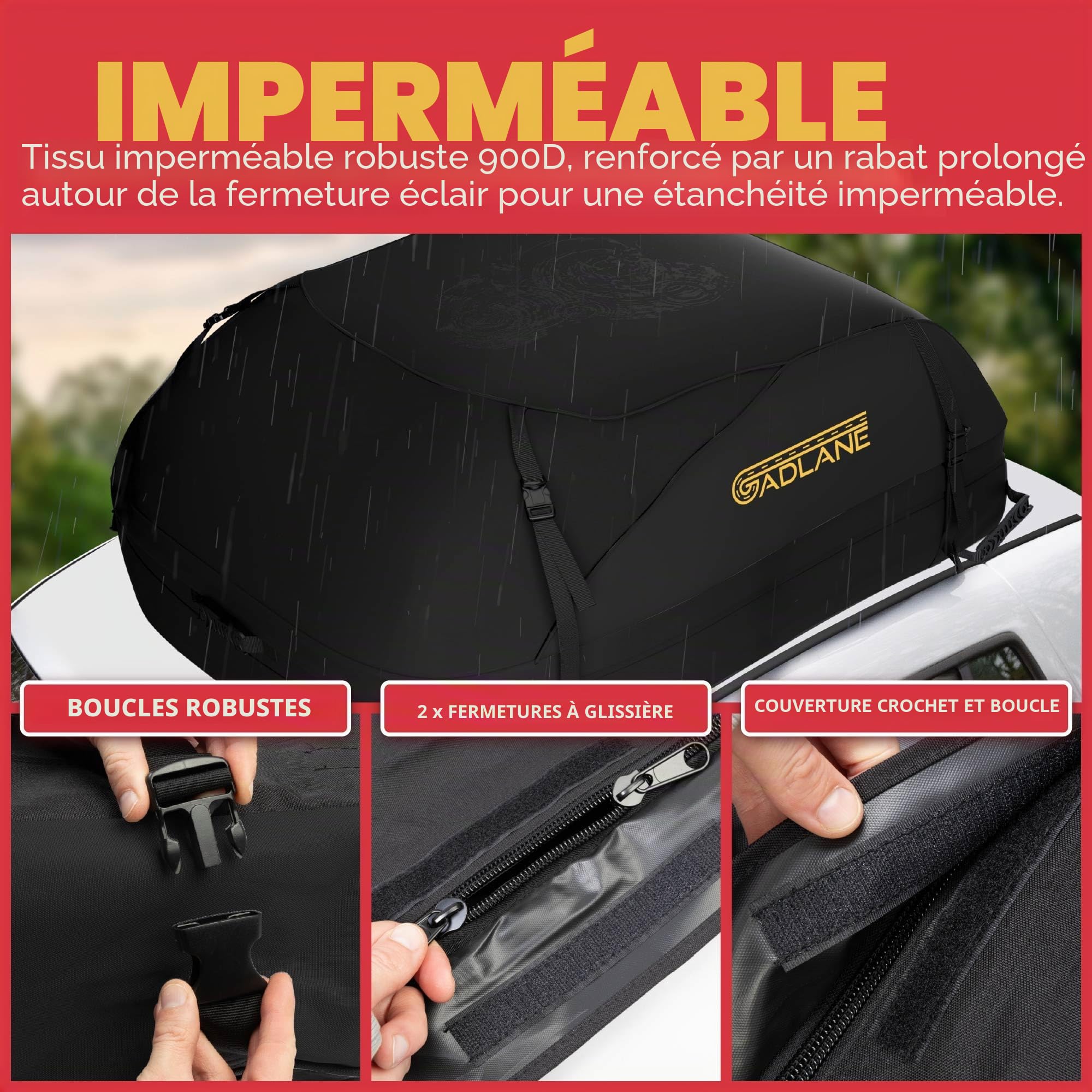 GADLANE Sac de Toit de Voiture 400L - Coffre de Toit étanche pour Voitures avec/sans Porte-Bagages de Toit - avec 4 Sangles Robustes, Tapis antidérapant et Sac de Rangement pour Voitures, SUV (Noir)