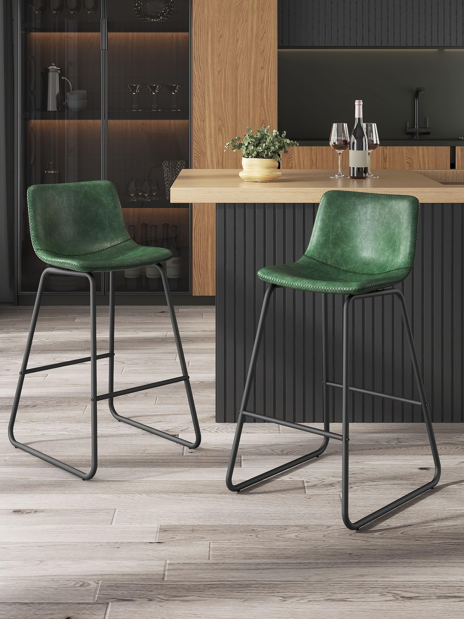 Aowos Bar Stools Set of 2, 26 Inches Counter Height Bar Stools with Back, Modern Faux Leather Barstools with Metal Legs and Footrest, Bar Chairs for
