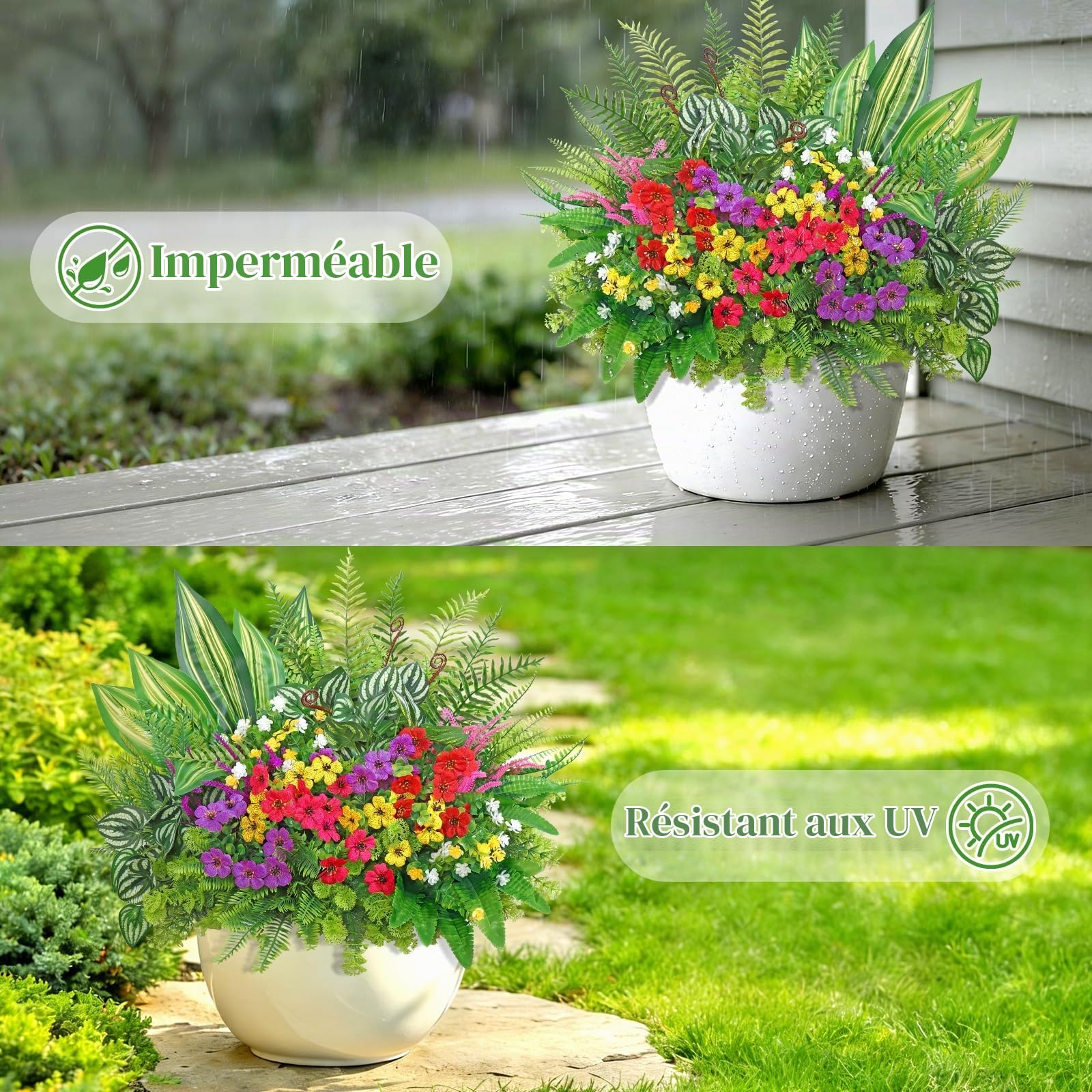 Lot de 24 plantes artificielles pour extérieur, fleurs artificielles résistantes aux UV, fleurs de verdure en soie, arbustes en plastique, plantes artificielles pour jardin, porche