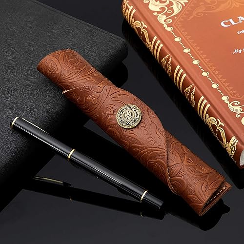 Miniatura 4 de Zonon 2 piezas vintage hechas a mano de cuero para bolígrafos tallados en rollo de cuero para la escuela, oficina en casa, marrón y negro