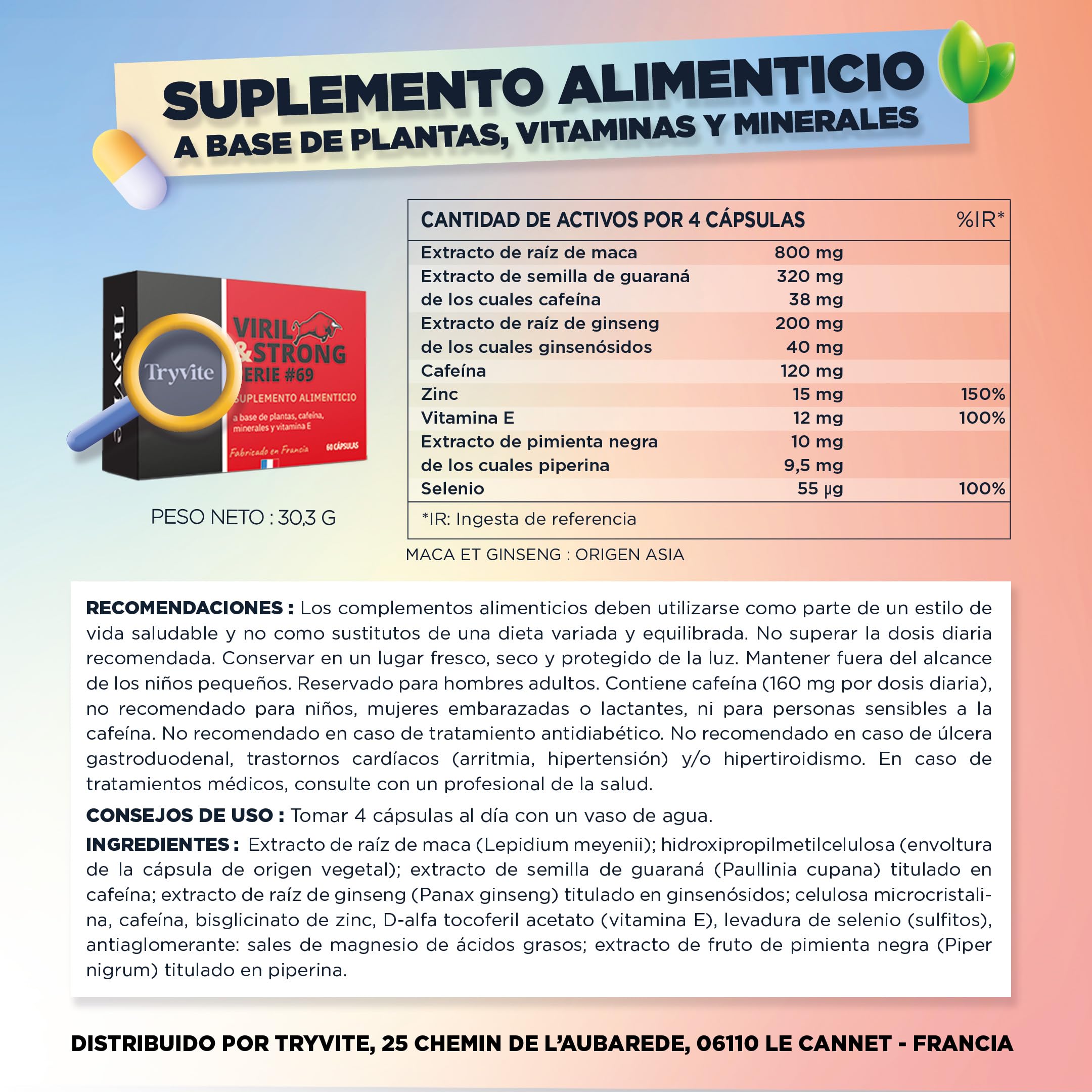 Fórmula Virilidad Hombre | 60 Cápsulas Para Circulación Sanguínea | Booster de Fuerza Resistencia Energía Natural | Ginseng, Guarana, Zinc | TRYVITE VIRIL&STRONG