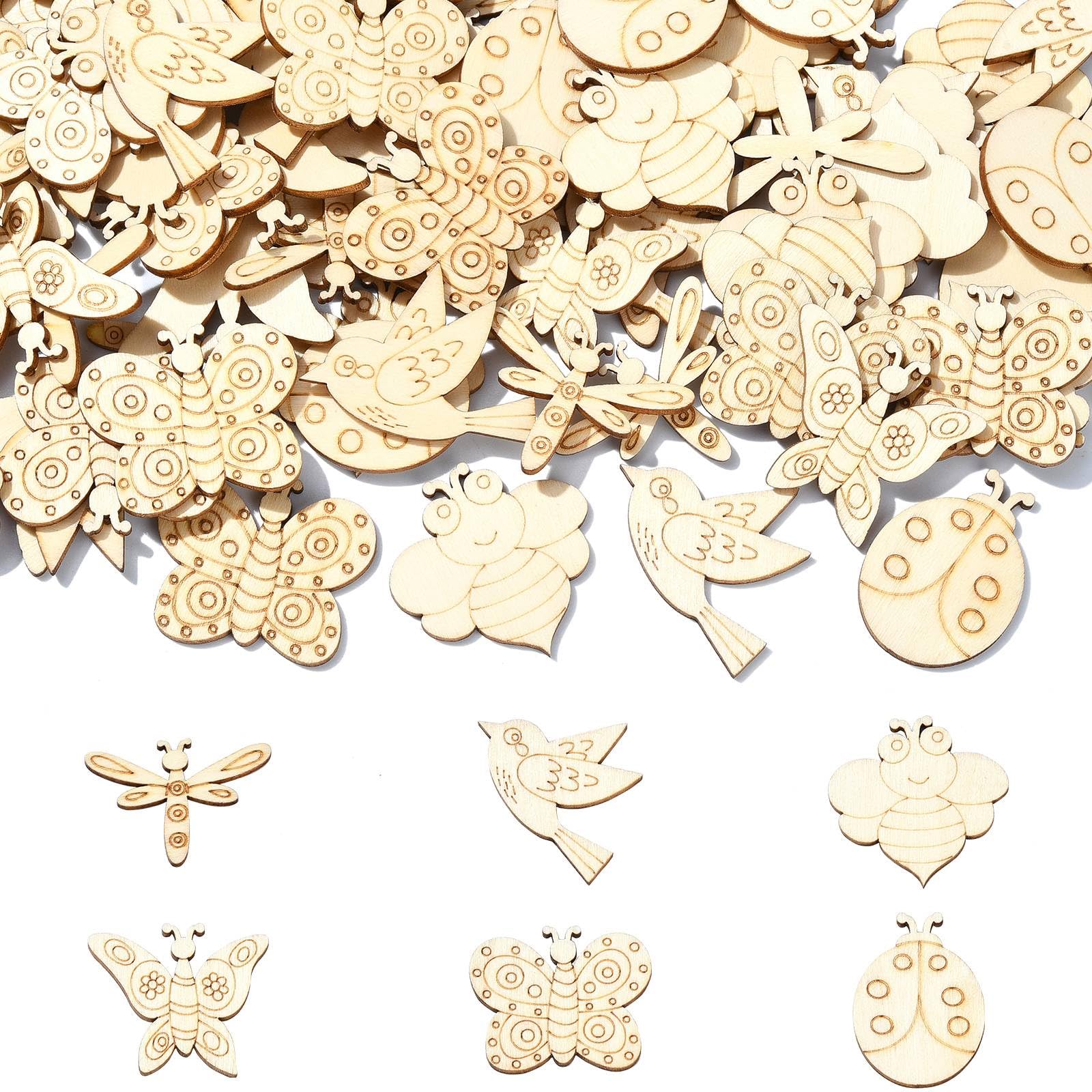 UR URLIFEHALL 200 Pcs Unfinished Wooden Cutouts Insect Butterfly Bird Shapes Wooden Craft Embellishments for DIY Scrapbooking Decoration