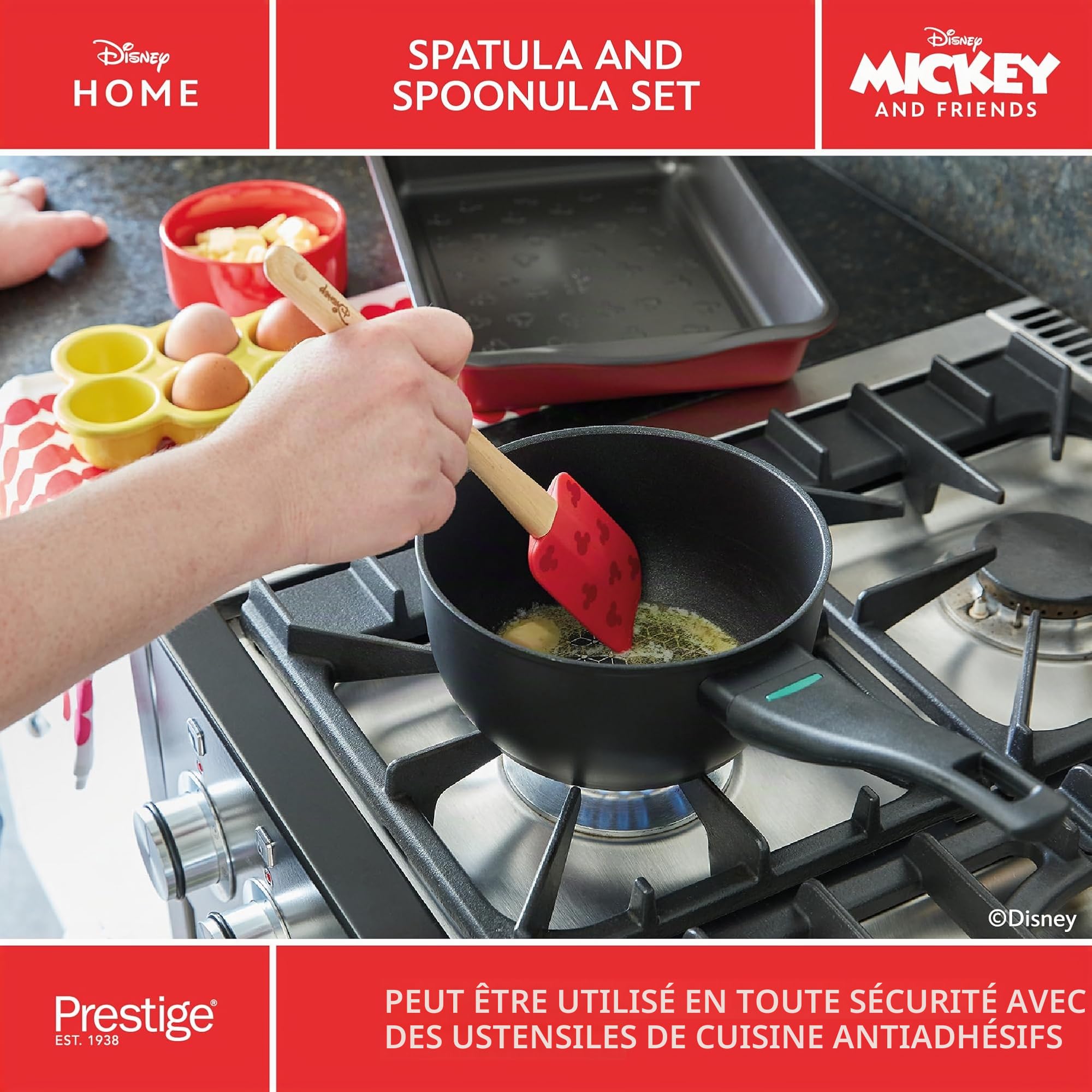 Prestige Lot de 4 ustensiles de cuisine Disney Bake with Mickey Mouse avec cuillères à mesurer, spatule en silicone, rouleau à pâtisserie et emporte-pièce