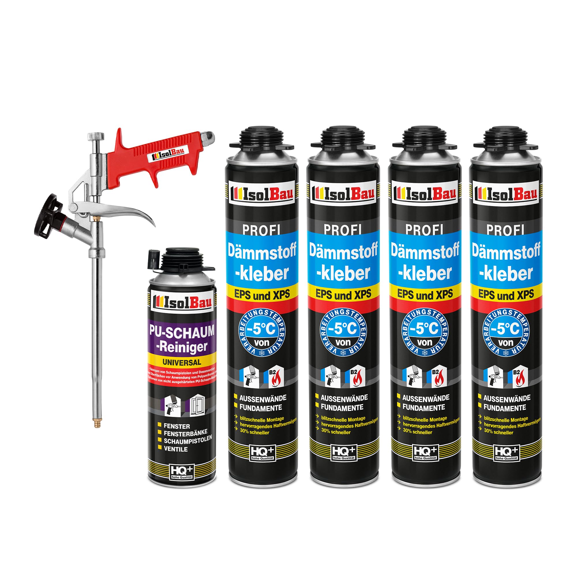 Isolbau B2 Dämmstoffkleber SET - 4 x 750 ml Perimeterkleber, 1 x PU-Schaum-Reiniger & 1x Schaumpistole für EPS & XPS-Platten - 1K PU-Klebeschaum für Fixieren und Isolieren