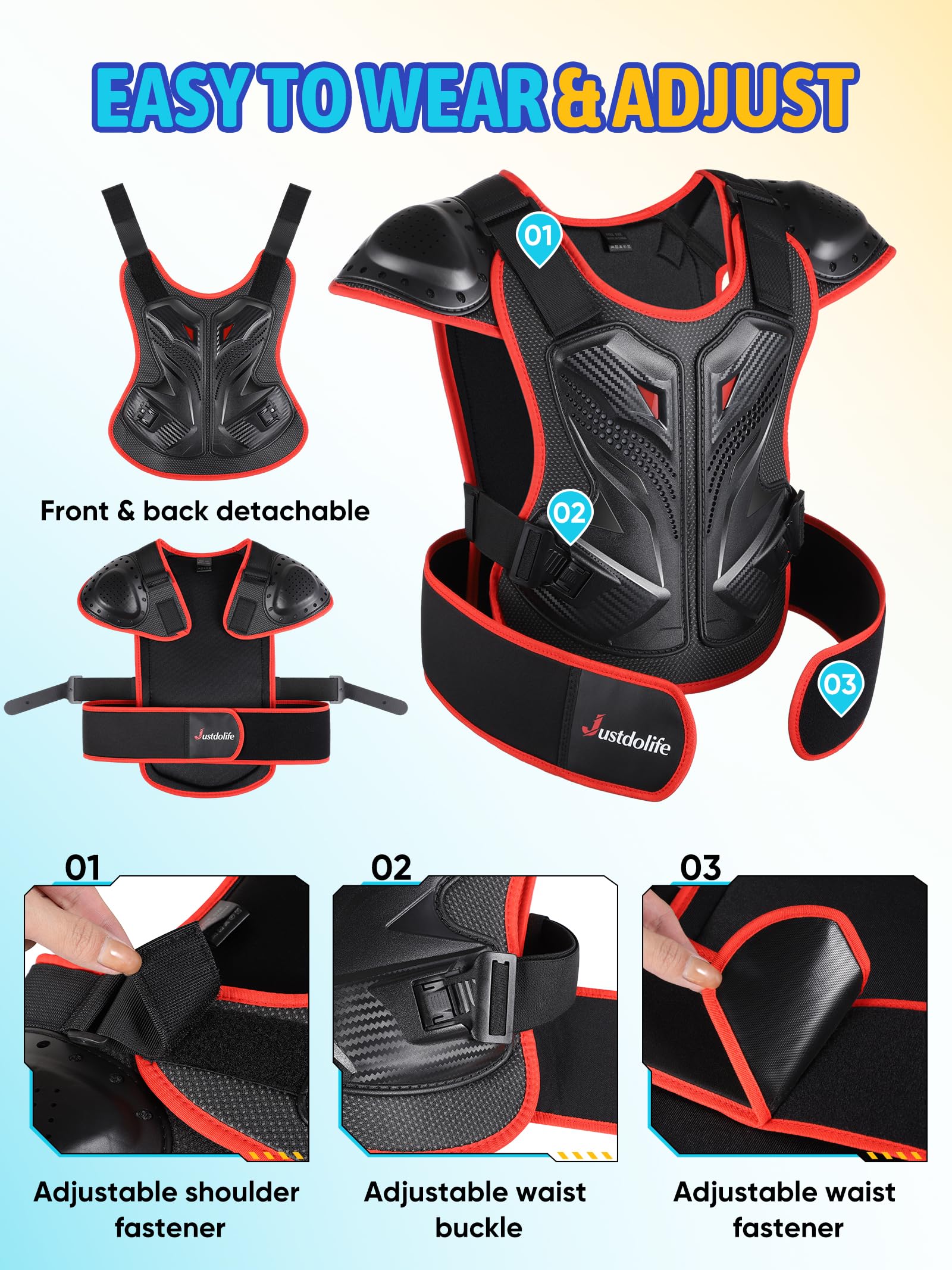 JUSTDOLIFE Kids Crossmotor Gear, 5 stuks Kids Motorfiets Armor Pak Jeugd Motocross Beschermende Kleding voor Jongens Meisjes Borst Protector met Elleboog & Knie Pads voor Fietsen Skateboarden