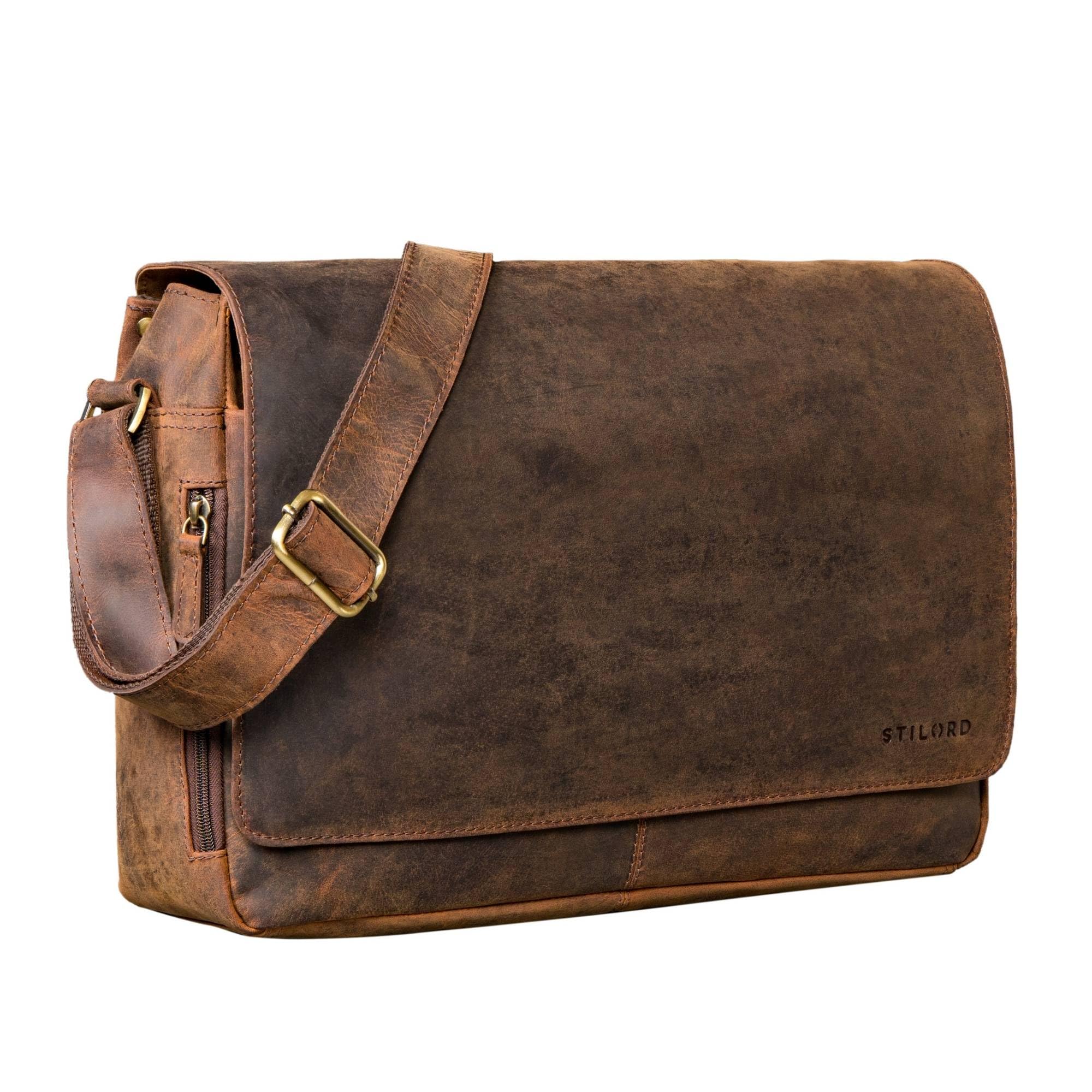 STILORD "Reinhold Vintage Messenger Bag Herren Leder Umhängetasche Große Laptoptasche Echtleder Businesstasche Aktentasche Männer Ledertasche mit Laptopfach 15.6-16 Zoll Farbe:cognac - braun