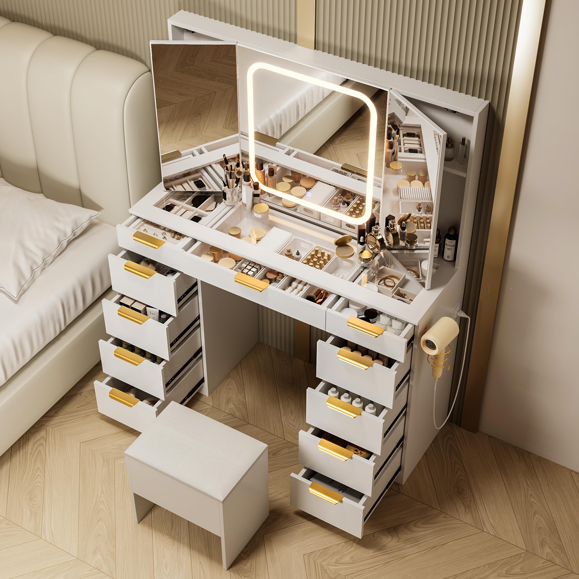 Pamapic 11 Drawers Vanity Desk with Foldable Mirror, Glass Top Makeup Vanity with LED Lights, 3 Lighting Modes, Golden Handles Dressing Table with