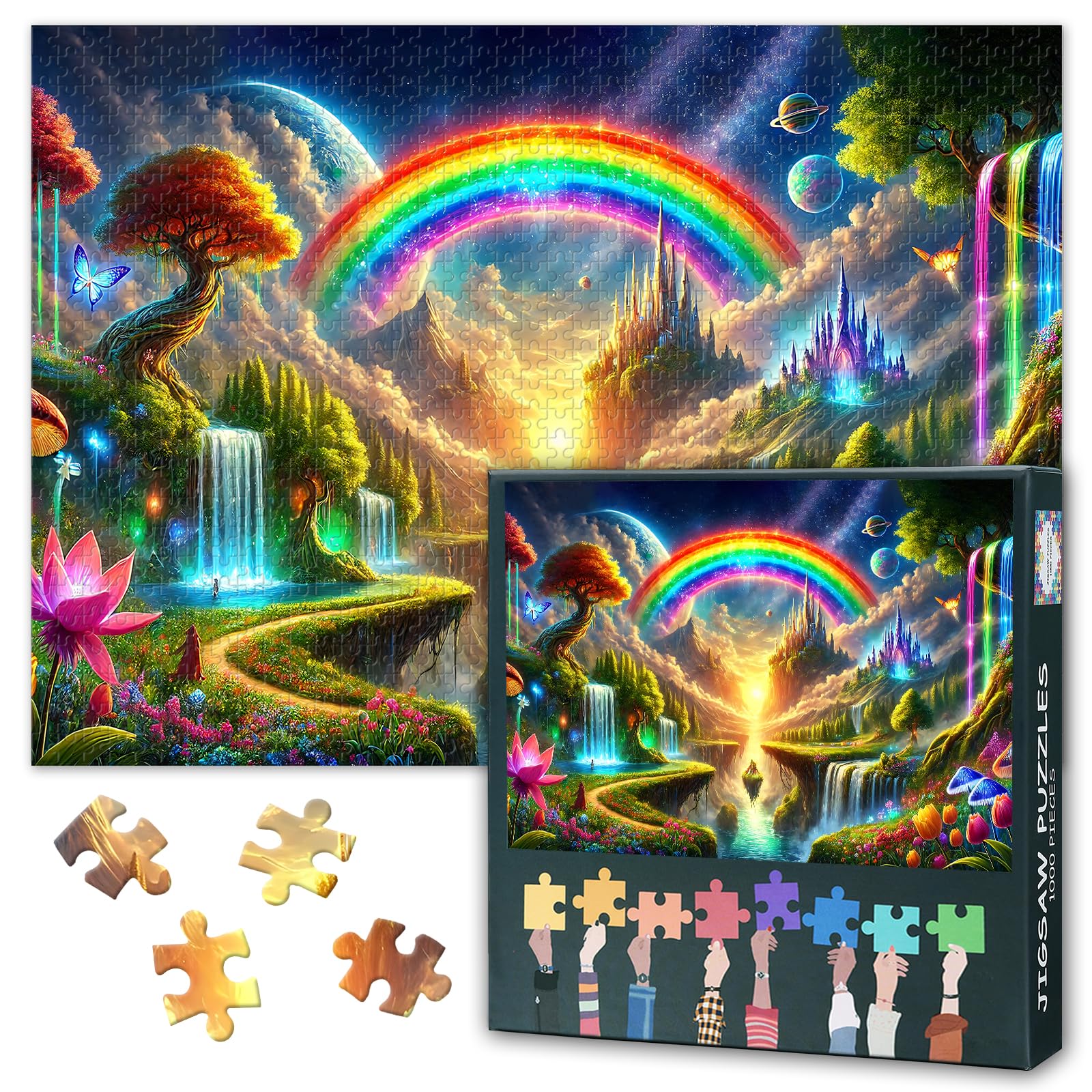 Fantasy Landscape Jigsaw Puzzles 1000 Pieces for Adults Rainbows and Flowers Challenging Puzzles Suitable for Game Nights Castle Puzzle Teens Educational Toys Home Wall Decoration Size : 50x70cm