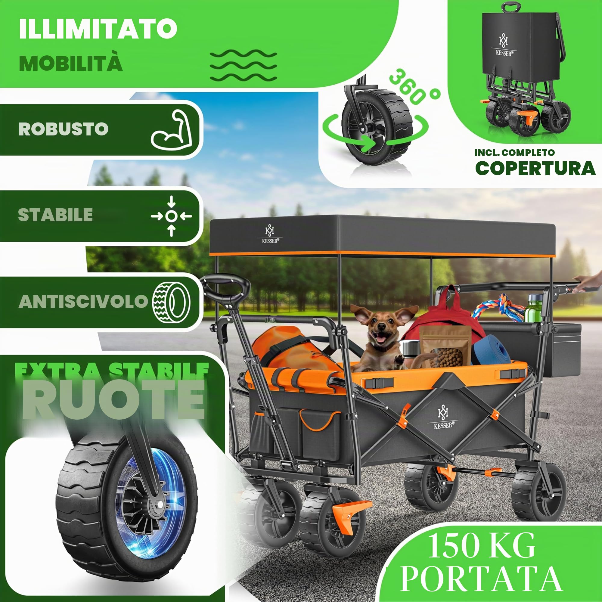 KESSER® Carrello pieghevole GT9000 con tetto | Carrello di trasporto max. portata 150 kg con ruote in gomma dura e freni anteriore/posteriore | Include serratura, copertura