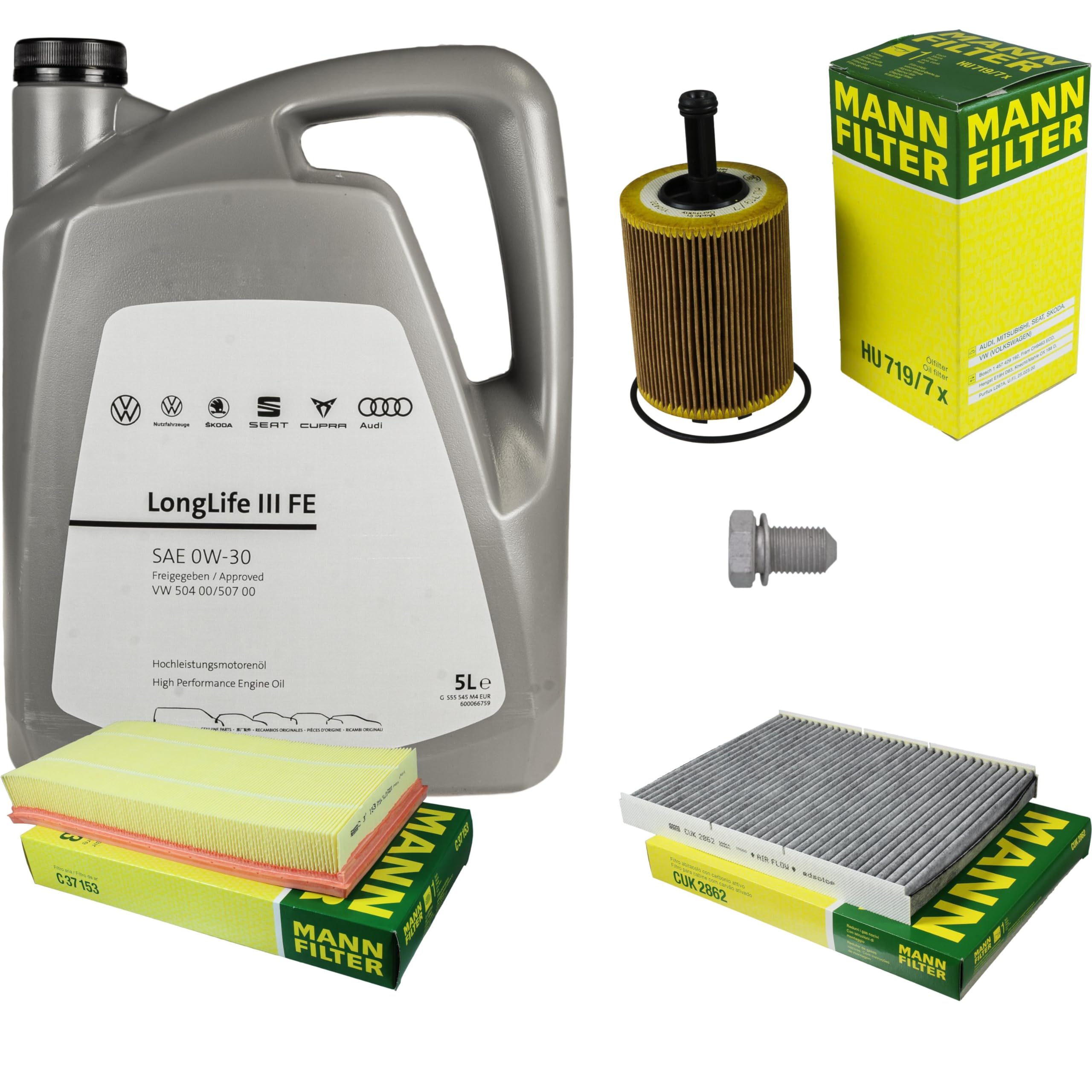 Pacchetto di ispezione pacchetto di manutenzione filtro con 5 l 0W-30 olio motore LongLife 3 FE, filtro dell'olio, filtro dell'aria abitacolo (carbone attivo) vite di scarico dell'olio