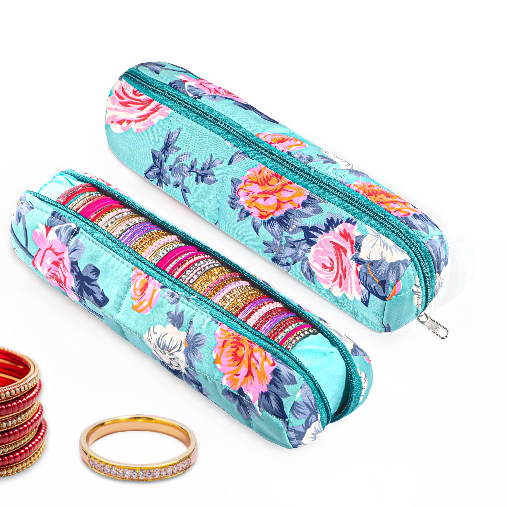 Kuber Industries 2 Pcs Cotton Single Rod Bangle Organizer with Zip Closure | Watch Organizer | Multipurpose Chudi/Bangles Box for Women | Flower Print - Green
