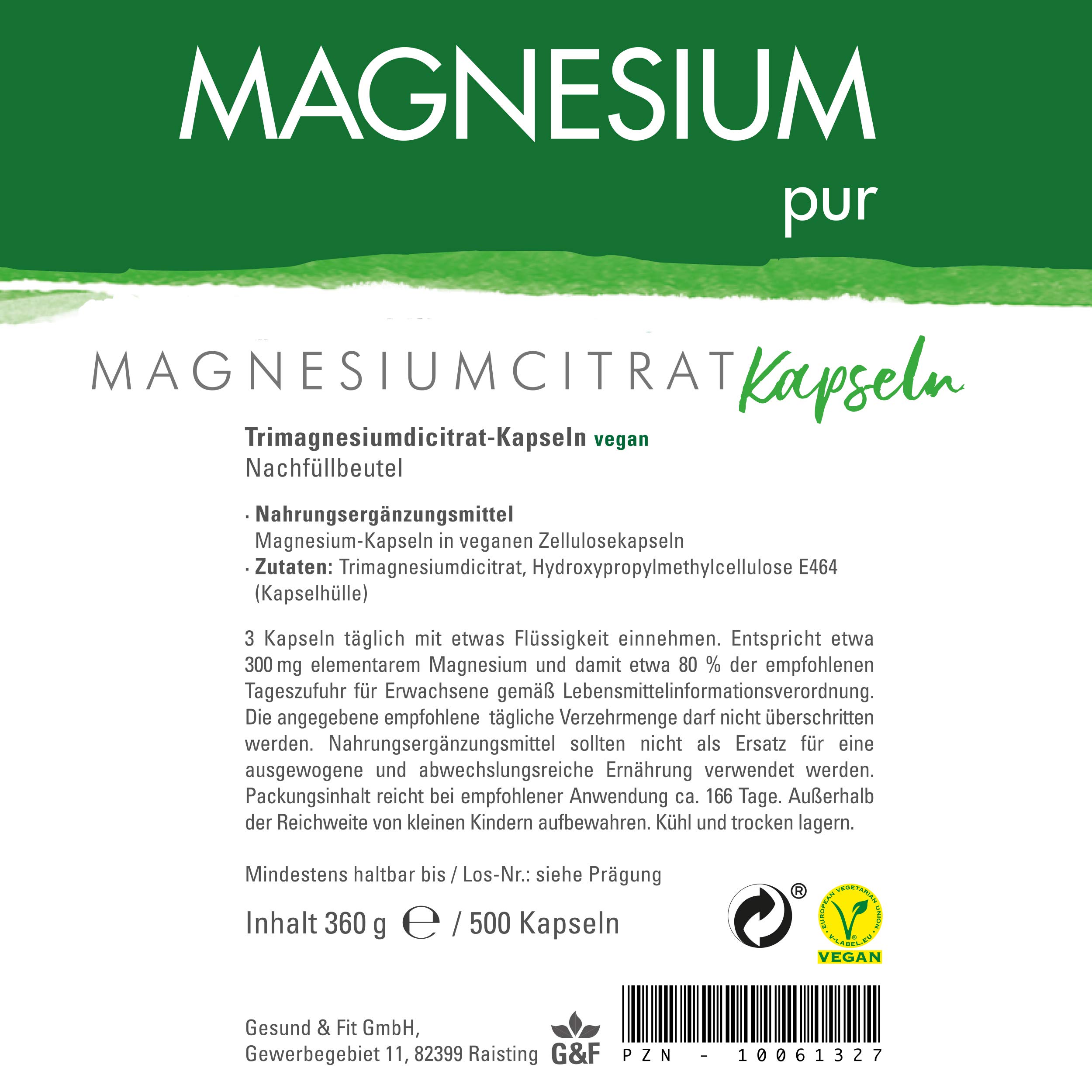 Magnesium-pur Magnesiumcitrat Kapseln vegan 500 Stück Beutel, hochdosiert 620mg Magnesiumcitrat pro Kapsel (1er Pack)