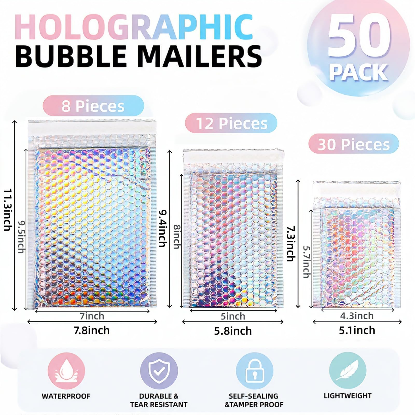 ZAVOOS Sobres metálicos de burbujas, 50 piezas, 3 tamaños, autosellantes | Sobres acolchados de polietileno holográfico, sobres impermeables de burbujas para envío, embalaje, pequeñas empresas