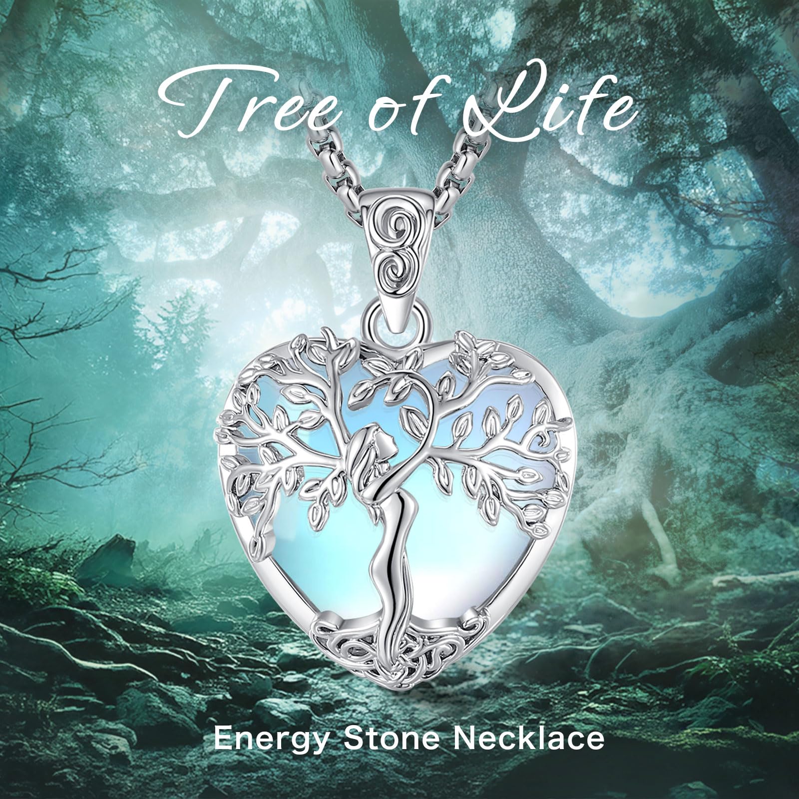 Arbre de la Vie Collier pour Femmes, Obsidine Améthyste Turquoise Pierre de Lune Pendentif Cœur Chardedrop Collier Protection Amulette Bijoux le Cadeau 18 "+2"