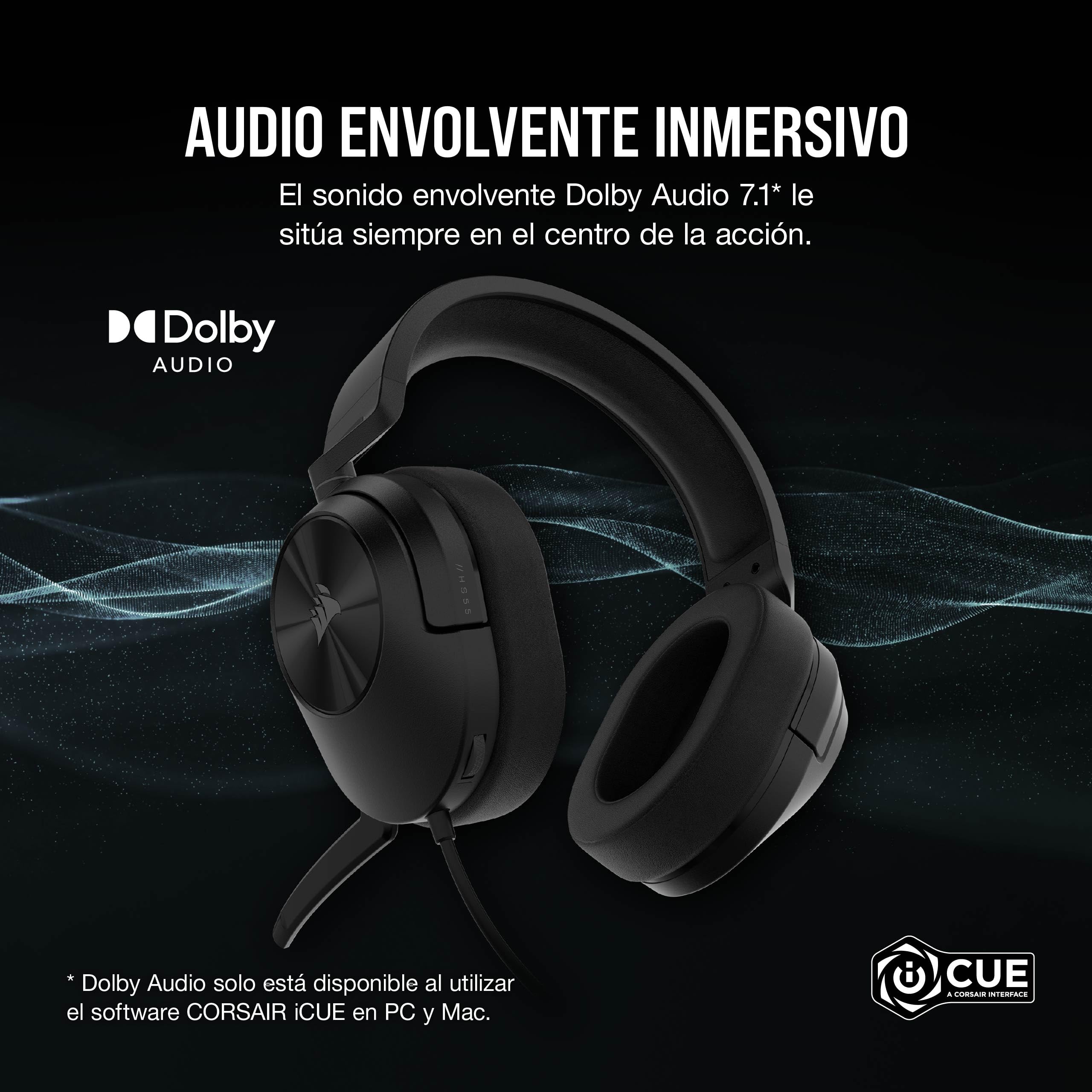 Corsair HS55 Surround Auriculares con Cable para Juegos – Carbono | Ligeros, Sonido Envolvente Dolby 7.1, Compatible con iCUE - PC, Mac, PS5, PS4, Xbox, Nintendo Switch, Móvil