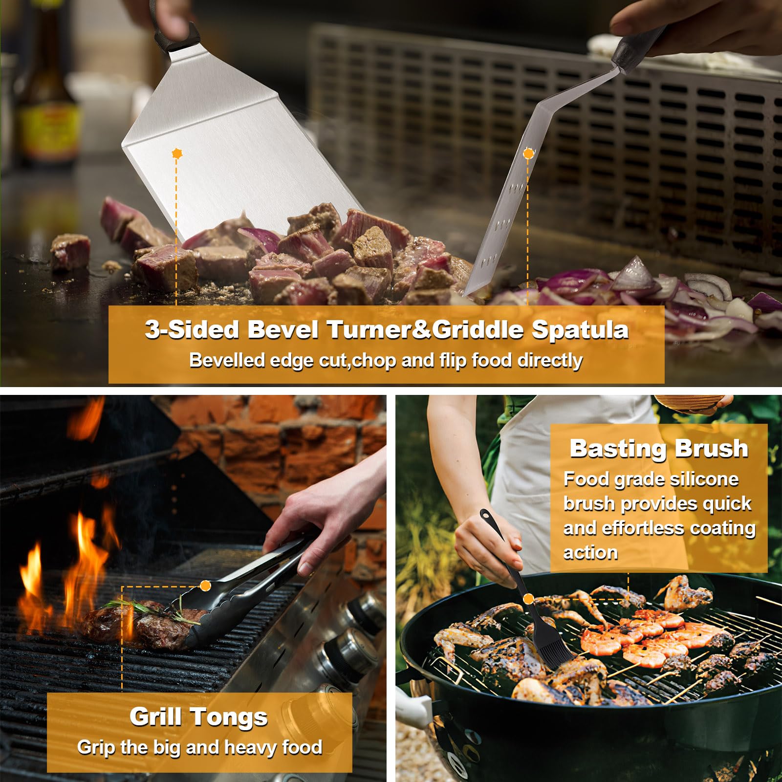 Terlulu Zestaw akcesoriów do grilla, 28 szt., płaskie akcesoria do grilla Blackstone i Camp Chef, zestaw metalowych szpatułek z prasą do burgerów, kopułą do topienia, szczypcami, skrobakiem, torbą do