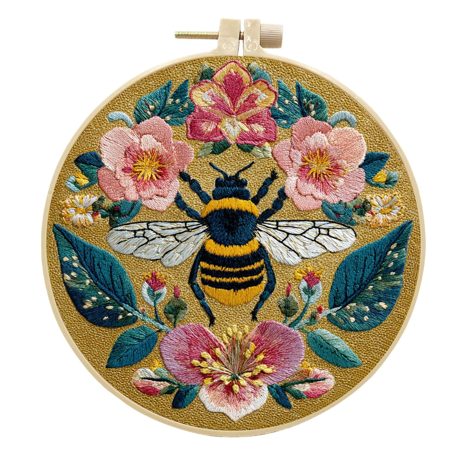 InteDesign Embroidery Kits for Adult Beginners, DIY Embroidery Starter Kit with Flowers Bird Pattern Instruction,Bamboo Hoops, Threads and Needles (Bee)