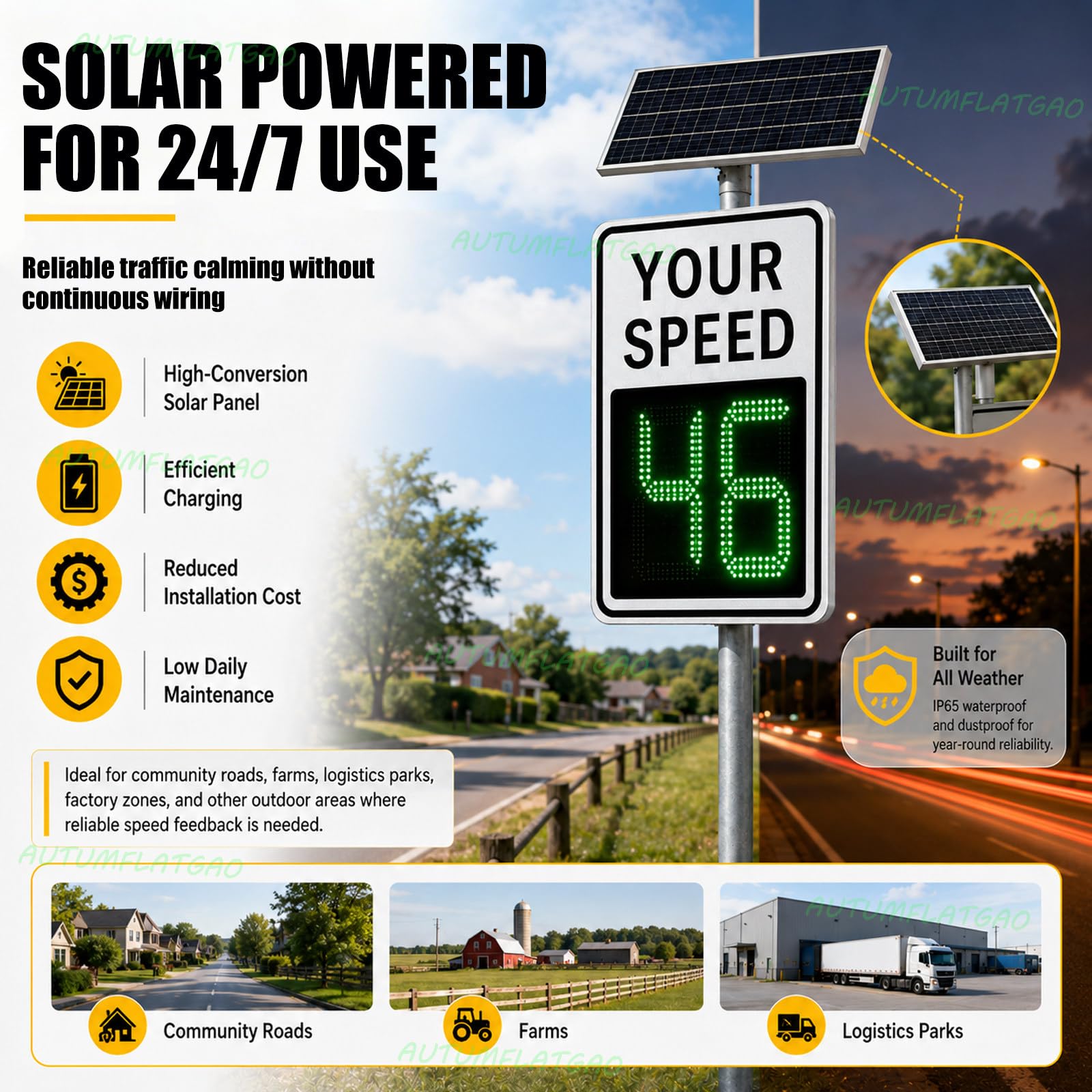 Señal Radar Velocidad Solar LED, Cartel De Límite De Velocidad Con Detección Por Radar, Pantalla Roja/Verde Y Mando a Distancia Para Colegios, Comunidades, Granjas Y Zonas Industriales 20"×27"