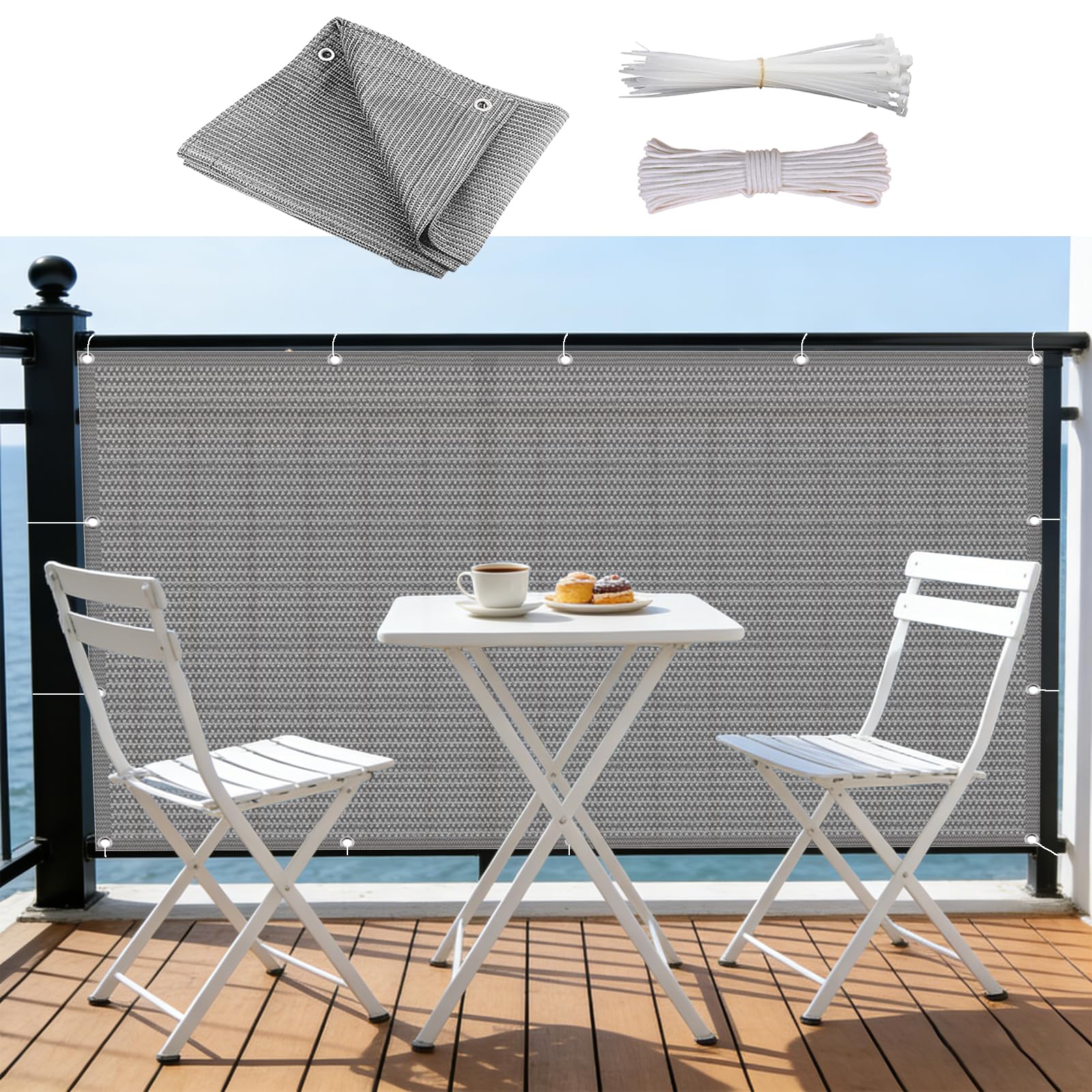 Copri Balcone 140 x 310 cm in HDPE 220G ㎡, Permeabile, Anti-Uv, Frangivento, Protezione Solare, Telo Frangi-Vista Balcone con Fascette e Funi para Exterior Terraza, Grigio