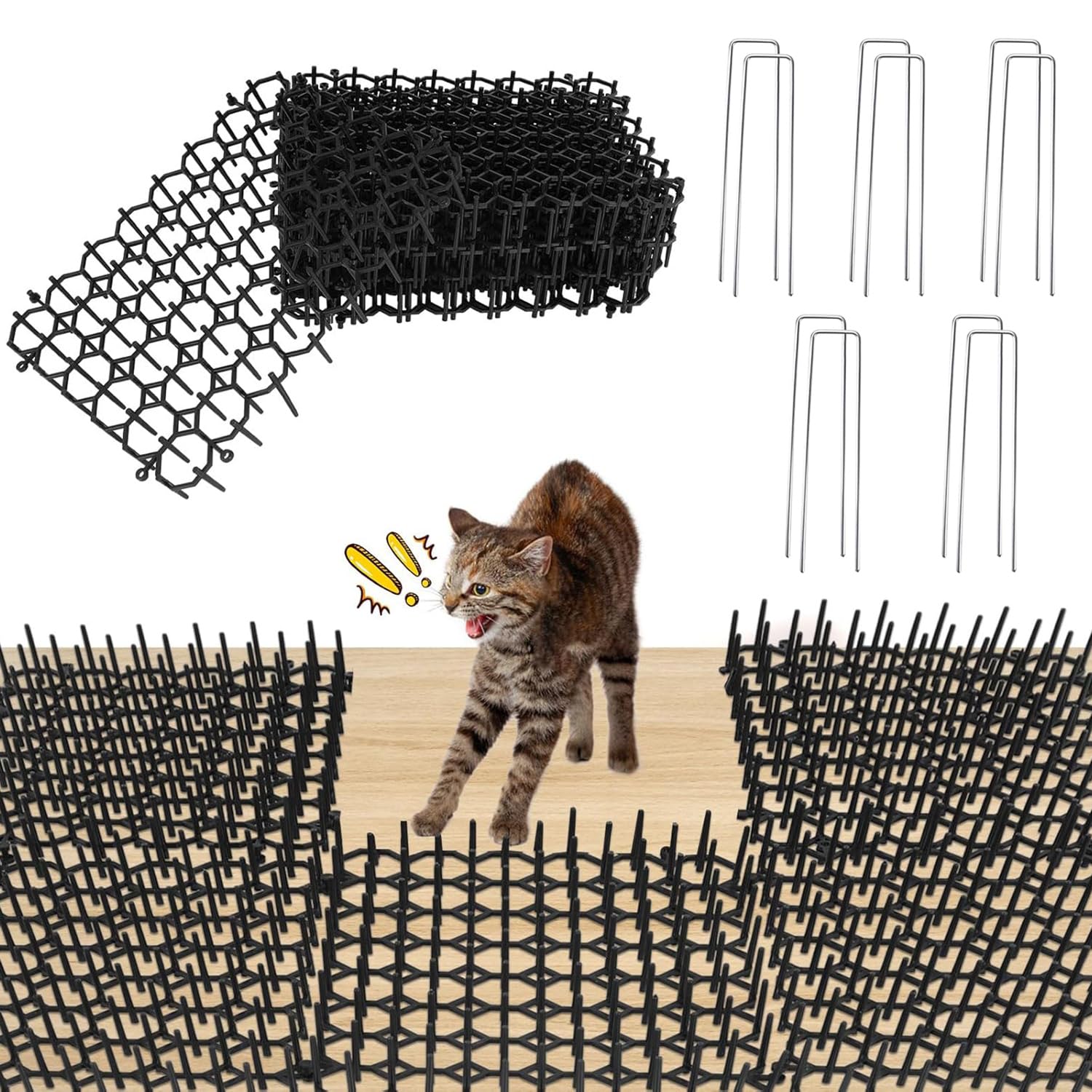 6pcs Anti Cat Spike Mats with 10 U-shaped Pegs 20 * 15cm Plastic Cat Repellent Mat Prickle Stirp Pet Deterrent for Dog Cat Fox Garden Outdoor Porch Lawn Home