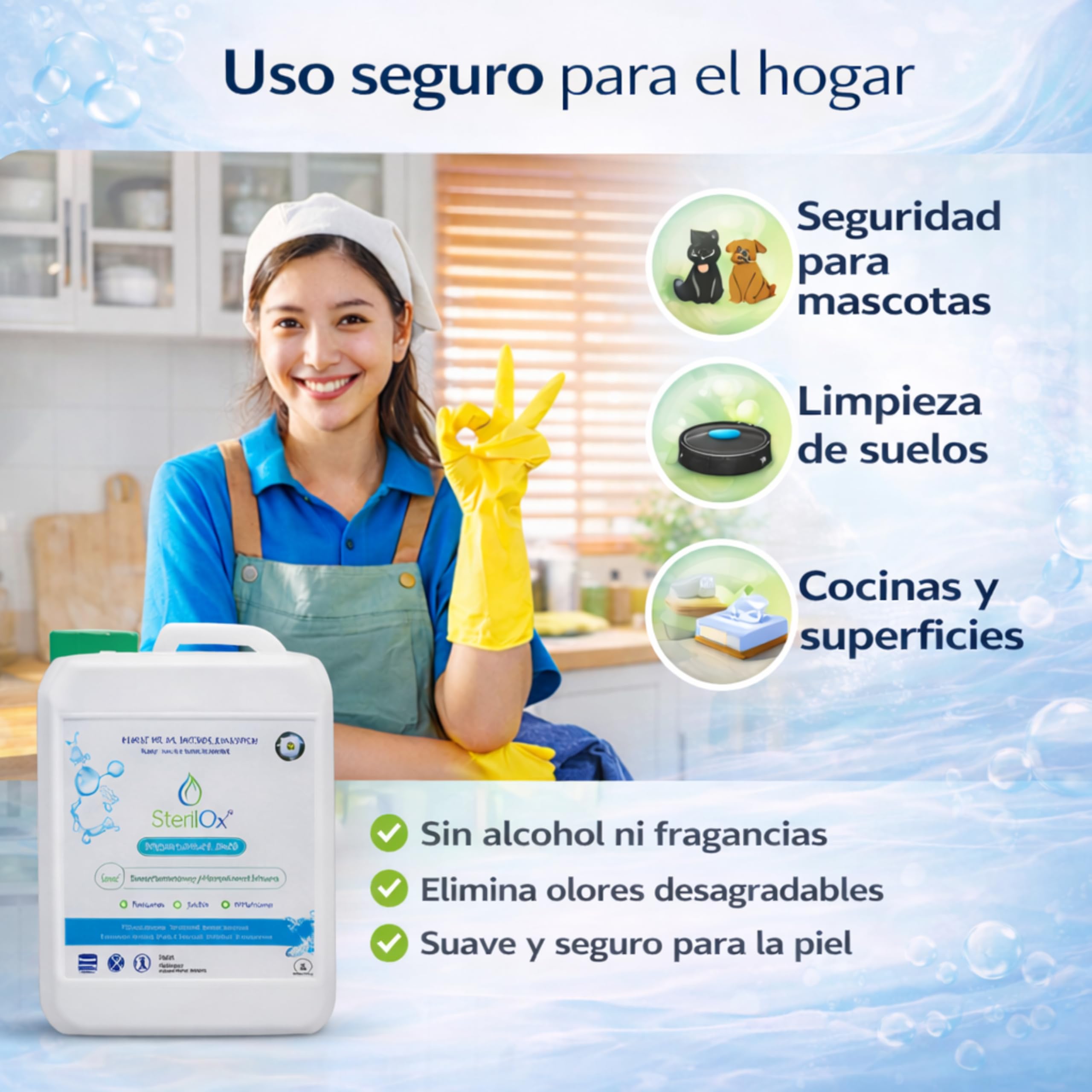 5L Solución Cosmética de Limpieza Higiénica para Piel y Superficies – Ácido Hipocloroso (HOCl), Sin Alcohol, Sin Perfume, Sin Aclarado, Uso Profesional y Doméstico
