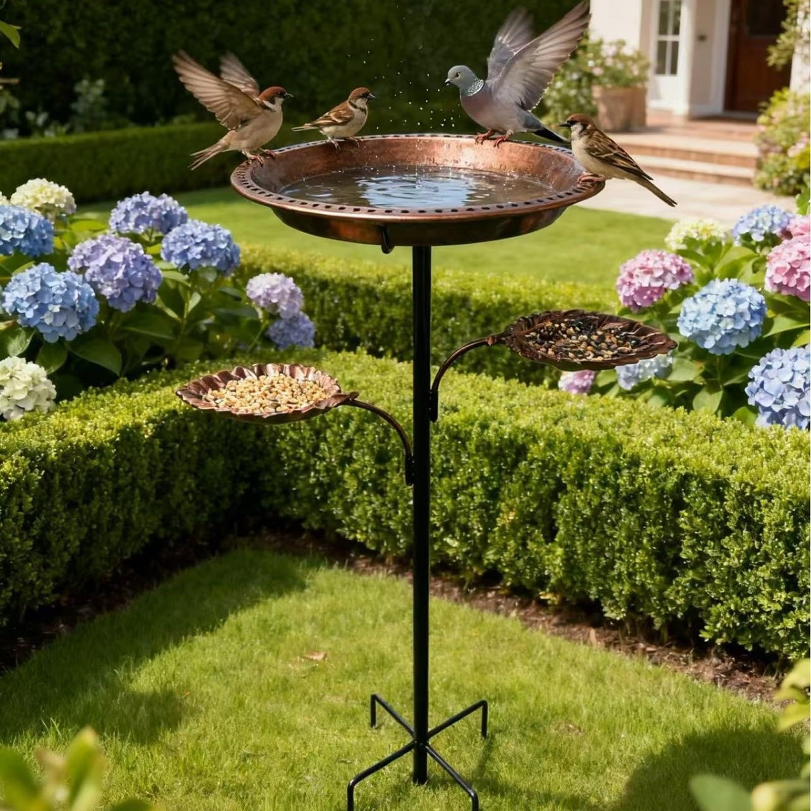 Bain d'oiseaux en MéTal avec 2 Mangeoires pour L'ExtéRieur, Support Vertical pour Jardin(Antique Bronze)