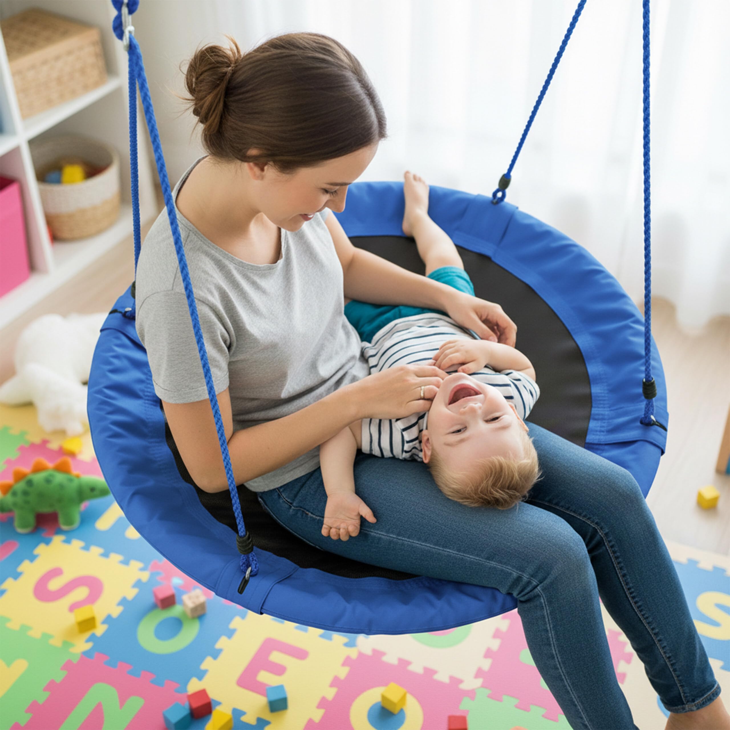 Relaxdays Columpio Jardín Nido de Altura Ajustable para Niños y Adultos, hasta 100 kg, Azul, ø 110 cm, Juventud Unisex