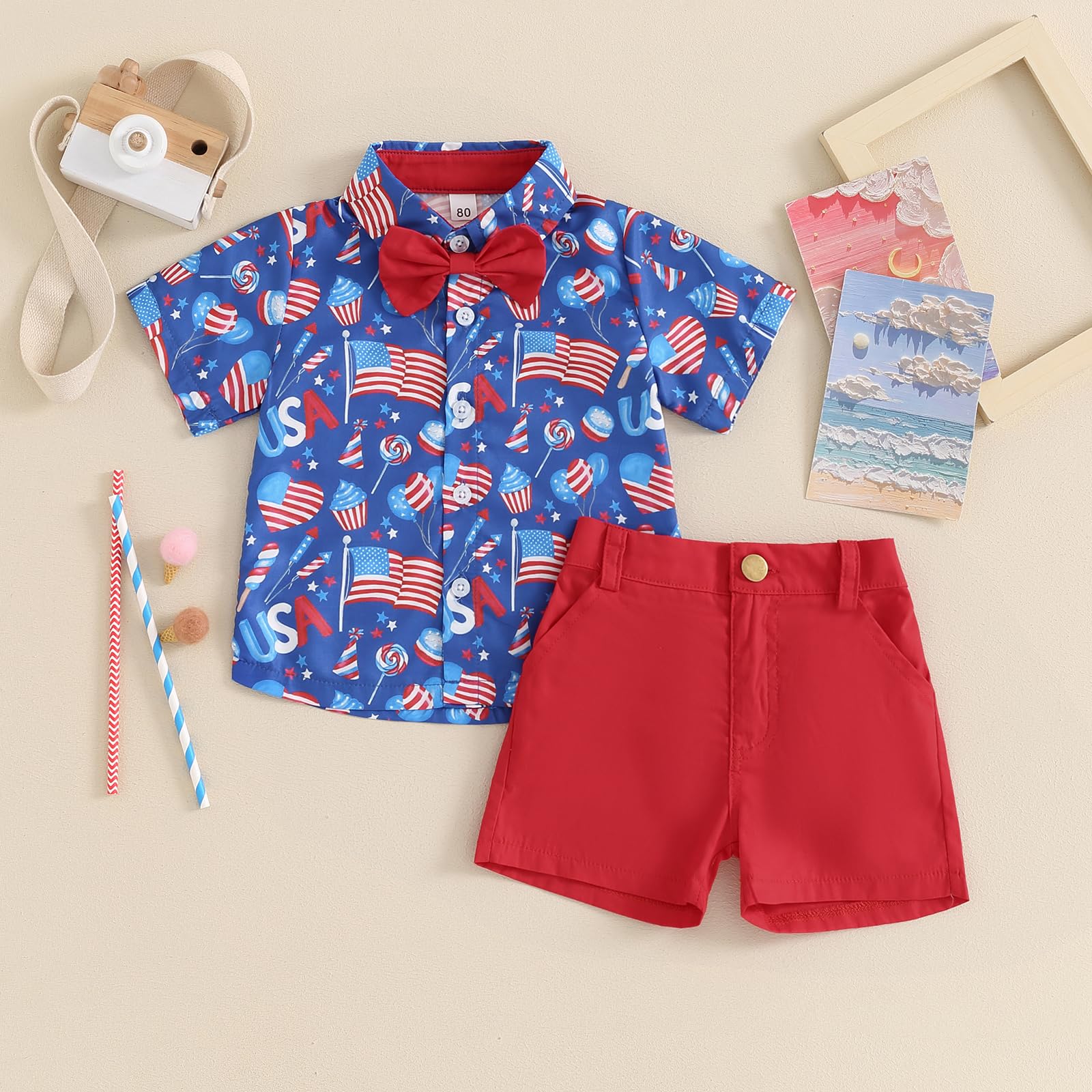 KtwHarnu Toddler Baby Boy 4th Of July Outfit US Flag Print Short Sleeve Button Down Shirt and Shorts Set Patriotic Clothes (Red, 3-4T)