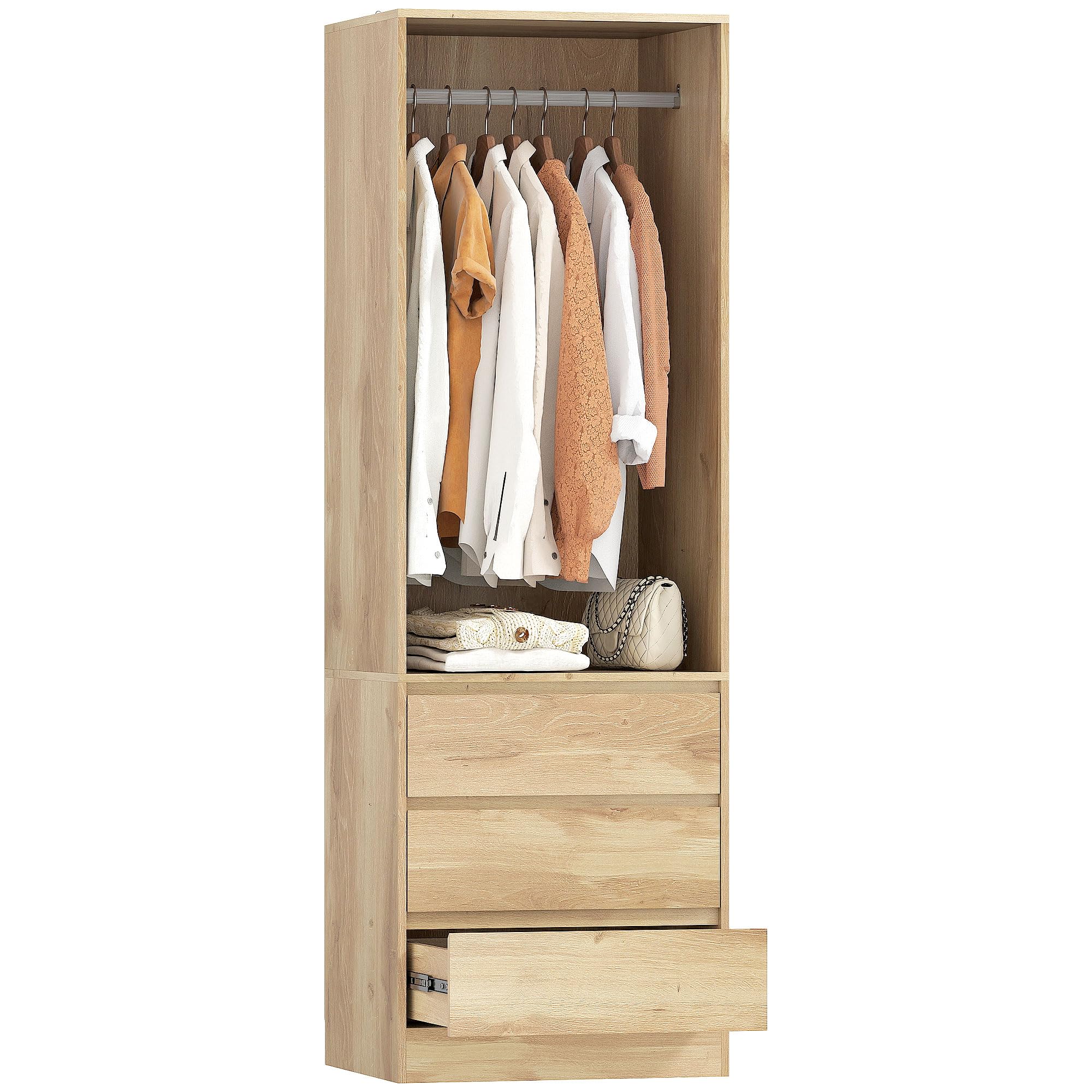 HOMCOM Armadio Guardaroba Salvaspazio con Asta Appendiabiti, Ripiano Aperto e 3 Cassetti, Armadio Camera da Letto, Mobile Guardaroba, 60x48.5x185 cm, Color Teak