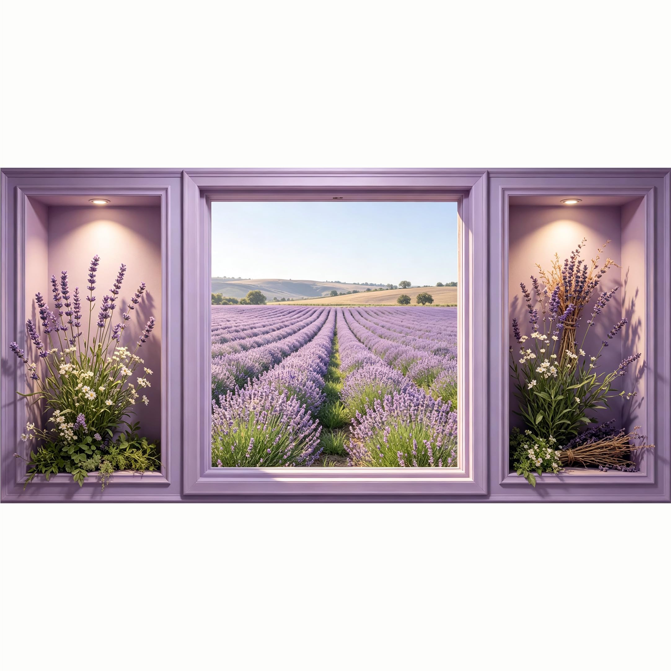 QZLITHOTIC 50x100cm 3D Framed Wall Art， Lavender Field Provence Landscape Self‑Adhesive Mural， Water‑Activated Peel & Stick Fabric Decor Wall Decal for Bedroom Living Room